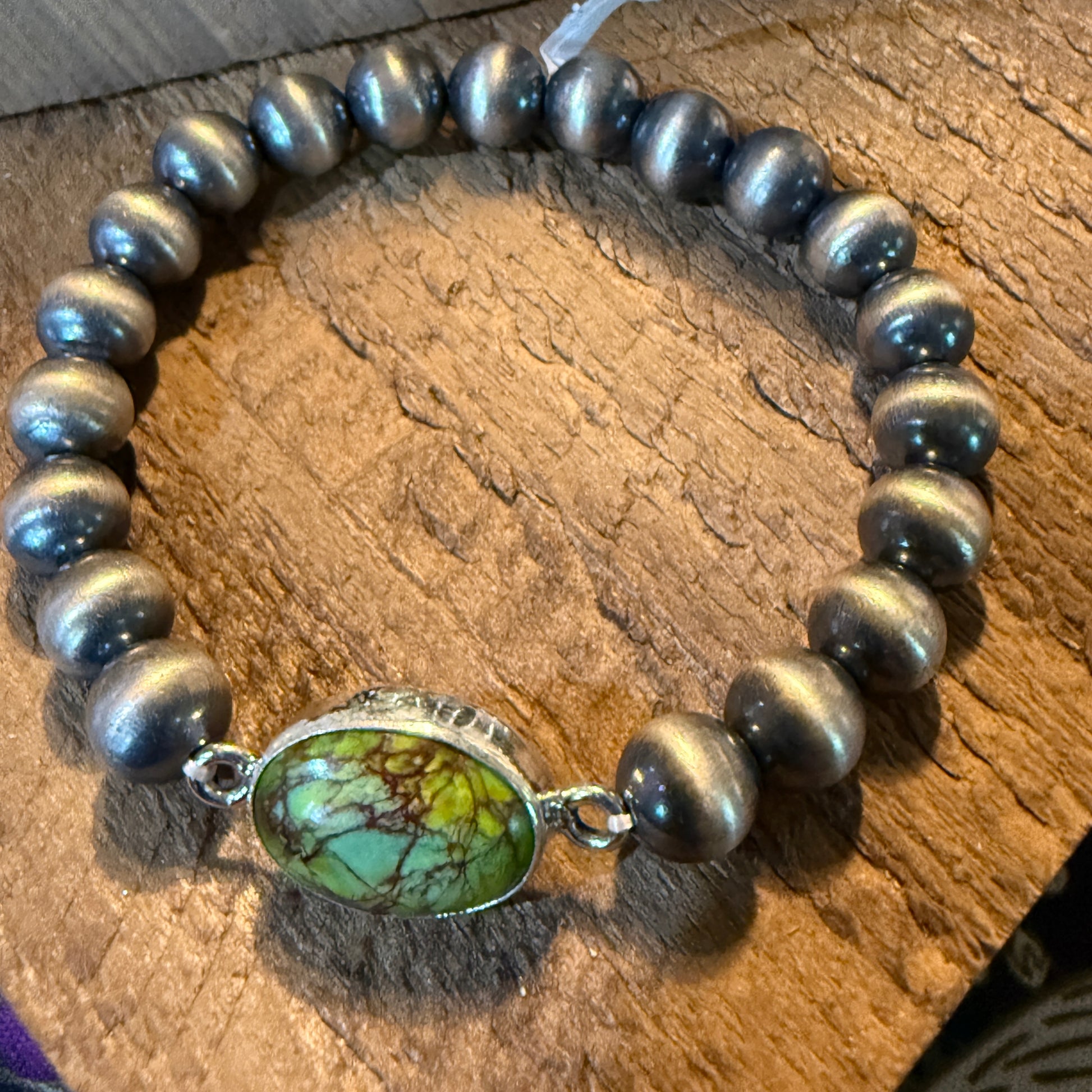 Spider Web Turquoise Gemstone 6mm Desert Pearls Stretch Bracelet, Sterling Silver 7 Inch Wild West Boho
