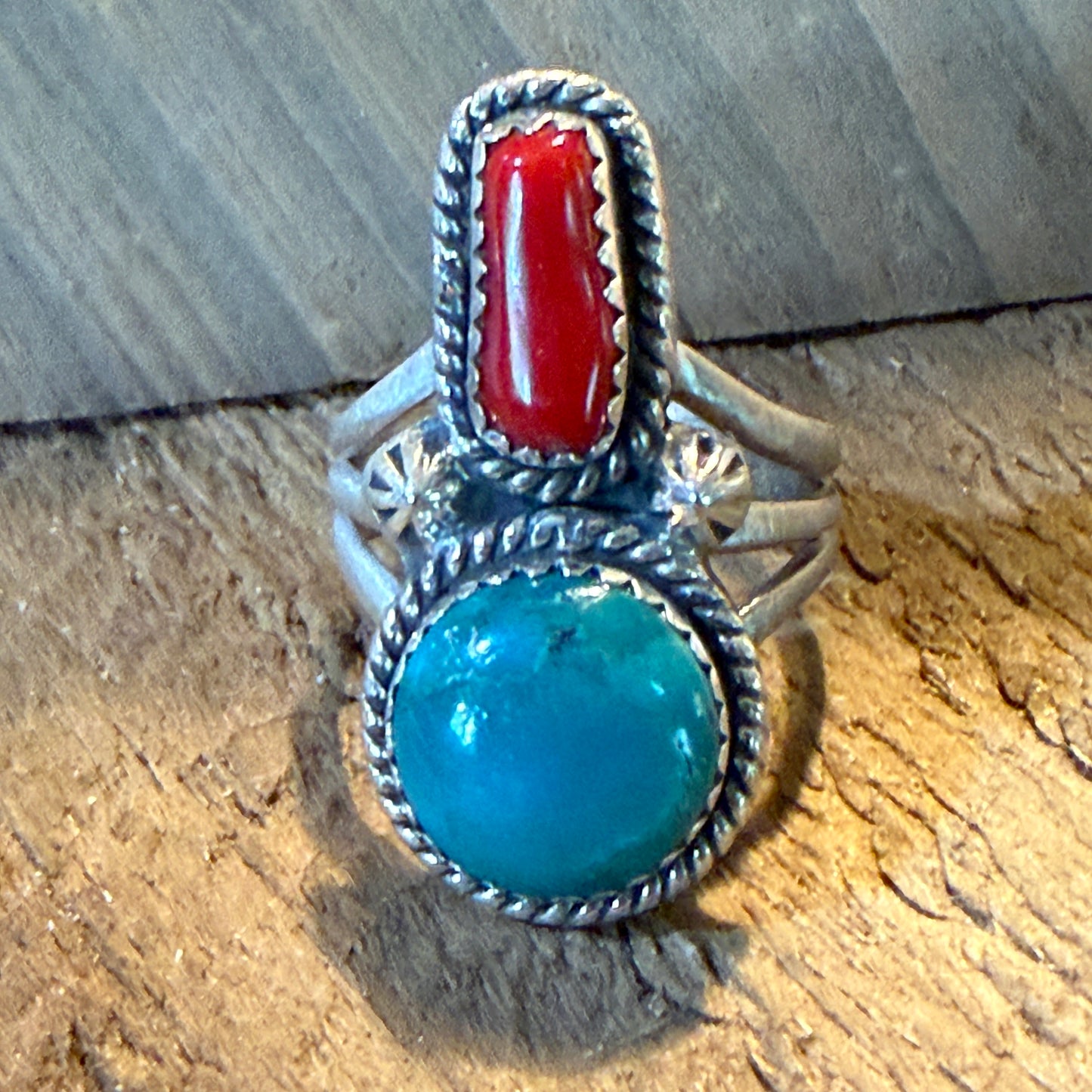 Kingman Turquoise and Mediterranean Coral Size 10 Ring in Sterling Silver Wild West Boho