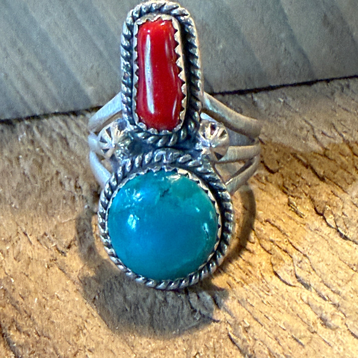 Kingman Turquoise and Mediterranean Coral Size 10 Ring in Sterling Silver Wild West Boho