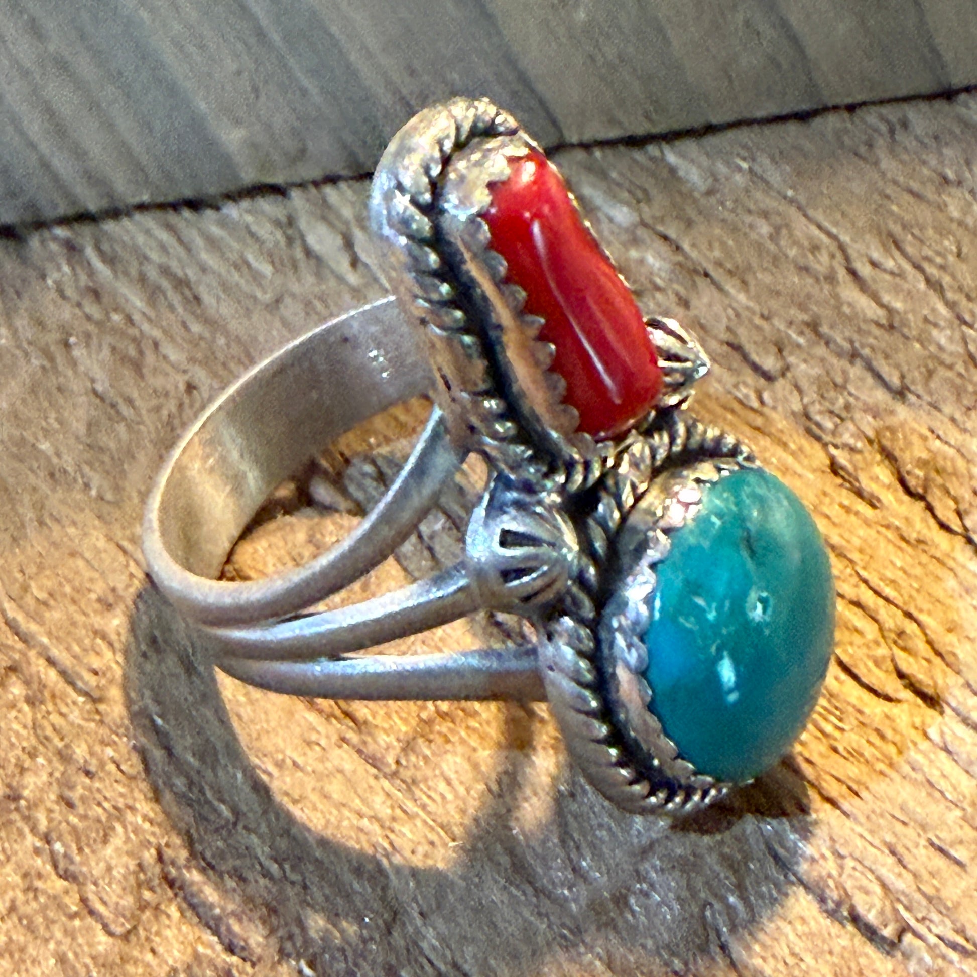 Kingman Turquoise and Mediterranean Coral Size 10 Ring in Sterling Silver Wild West Boho
