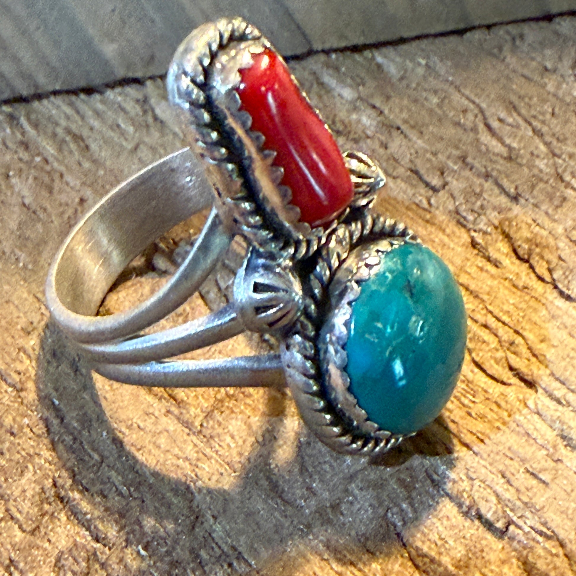 Kingman Turquoise and Mediterranean Coral Size 10 Ring in Sterling Silver Wild West Boho