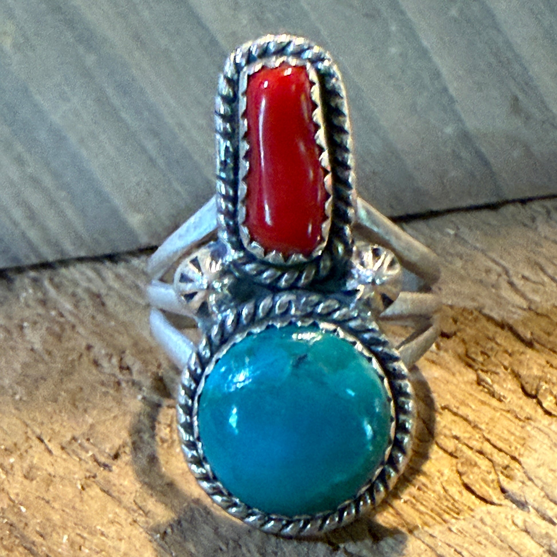 Kingman Turquoise and Mediterranean Coral Size 10 Ring in Sterling Silver Wild West Boho