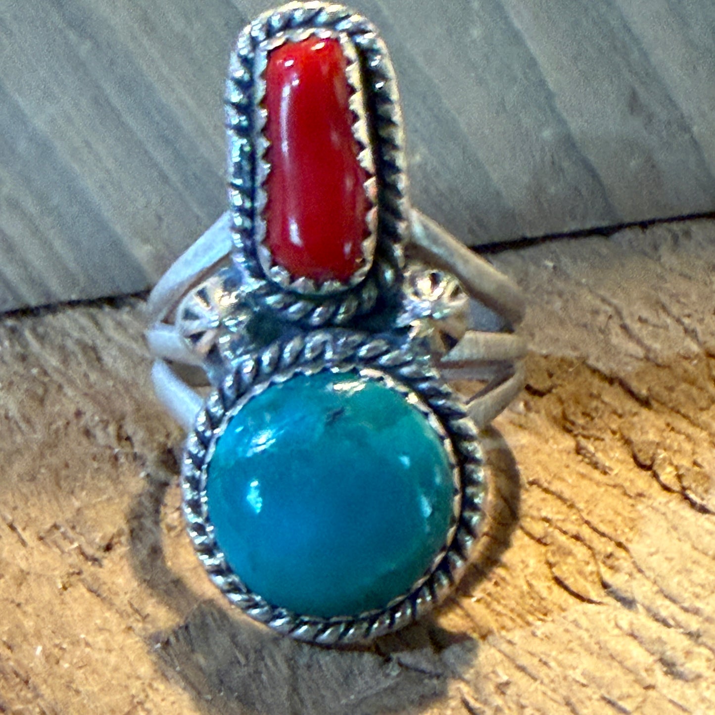 Kingman Turquoise and Mediterranean Coral Size 10 Ring in Sterling Silver Wild West Boho