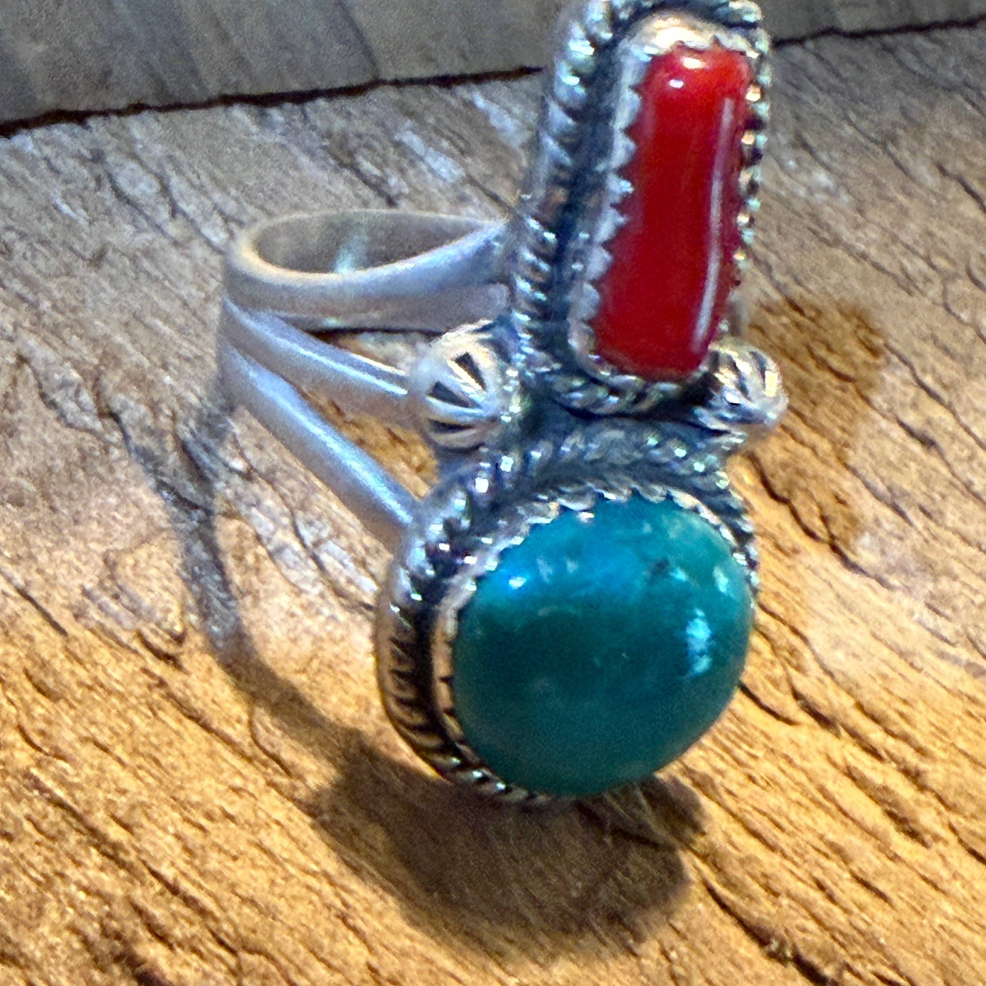 Kingman Turquoise and Mediterranean Coral Size 10 Ring in Sterling Silver Wild West Boho