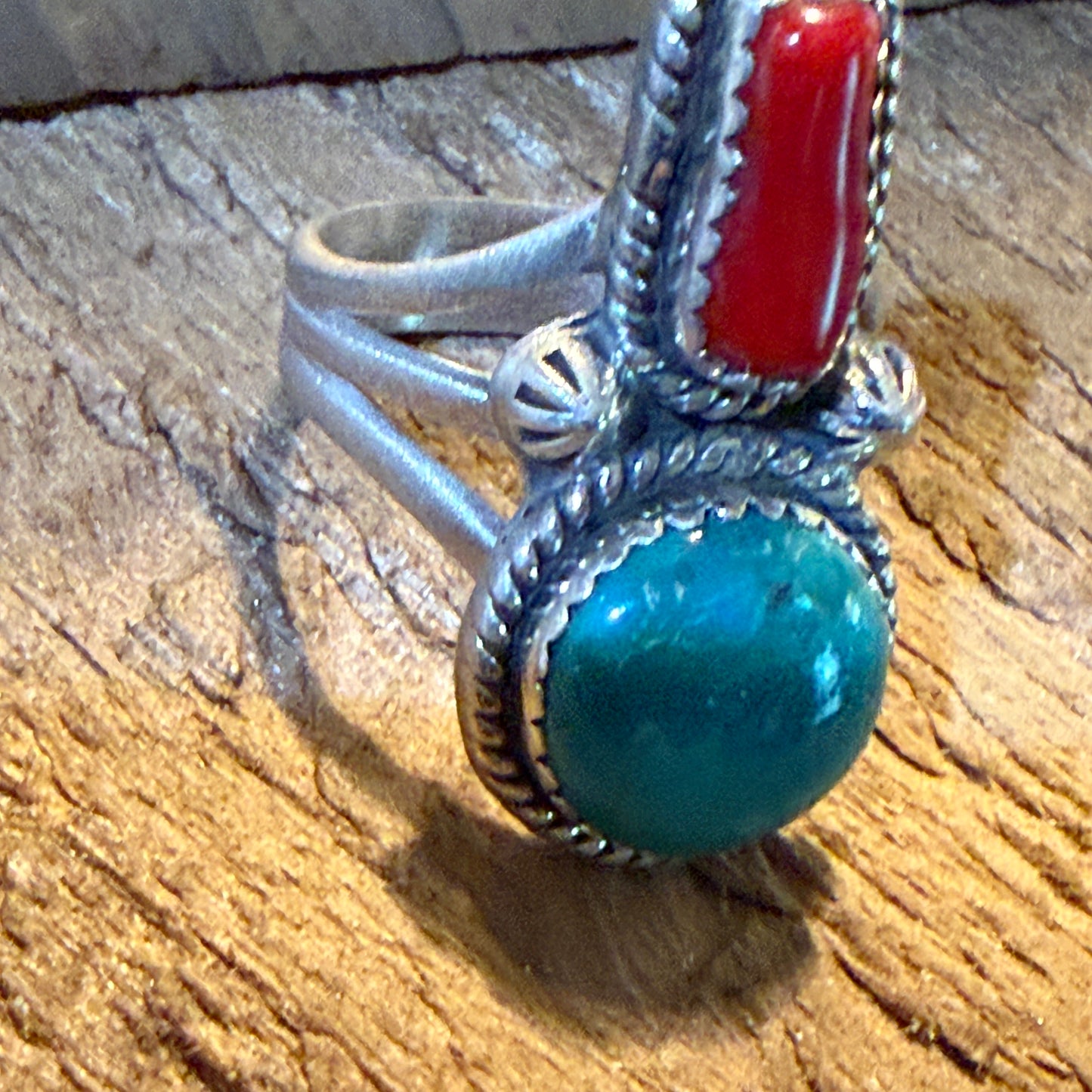 Kingman Turquoise and Mediterranean Coral Size 10 Ring in Sterling Silver Wild West Boho