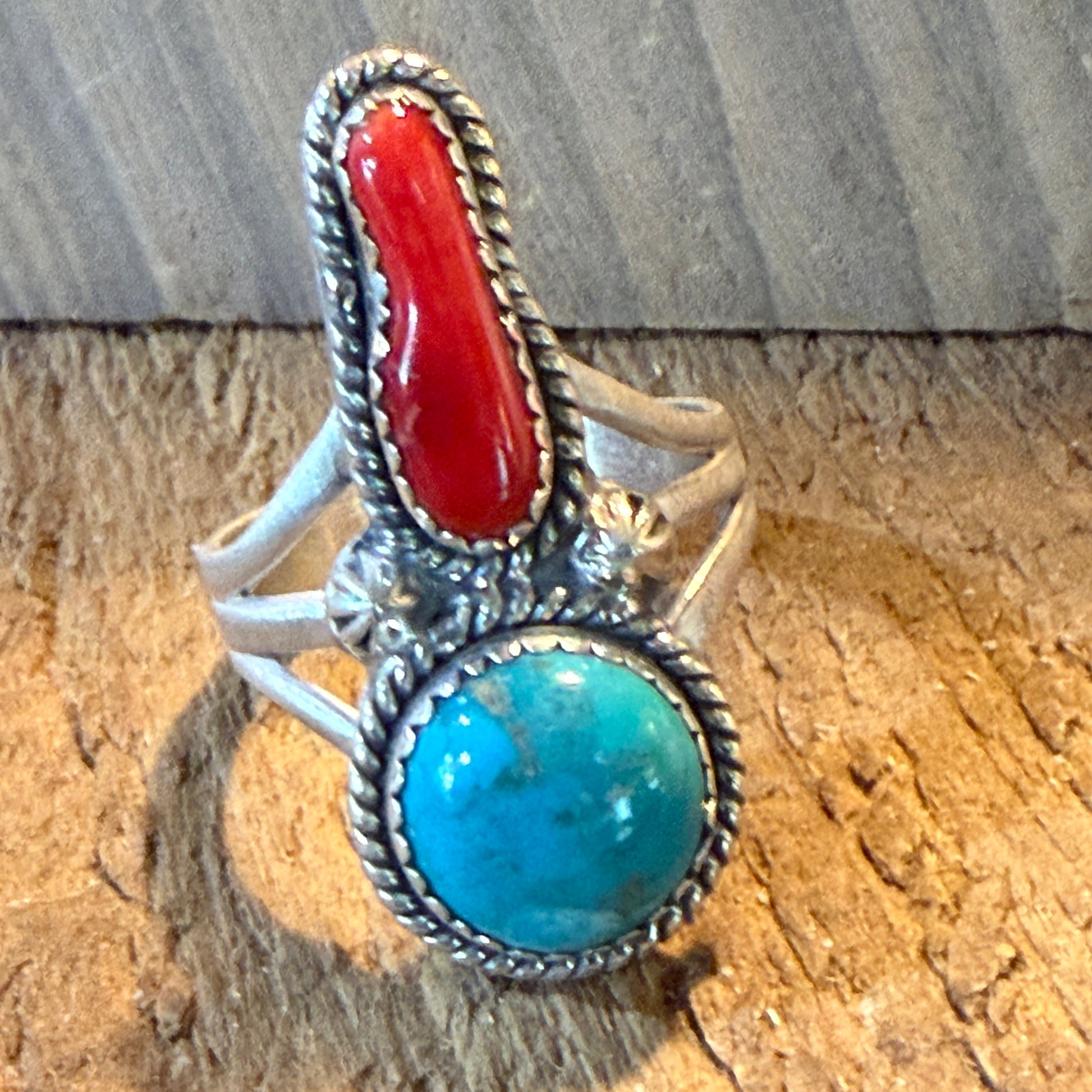 Kingman Turquoise and Mediterranean Coral Size 10 Ring in Sterling Silver Wild West Boho