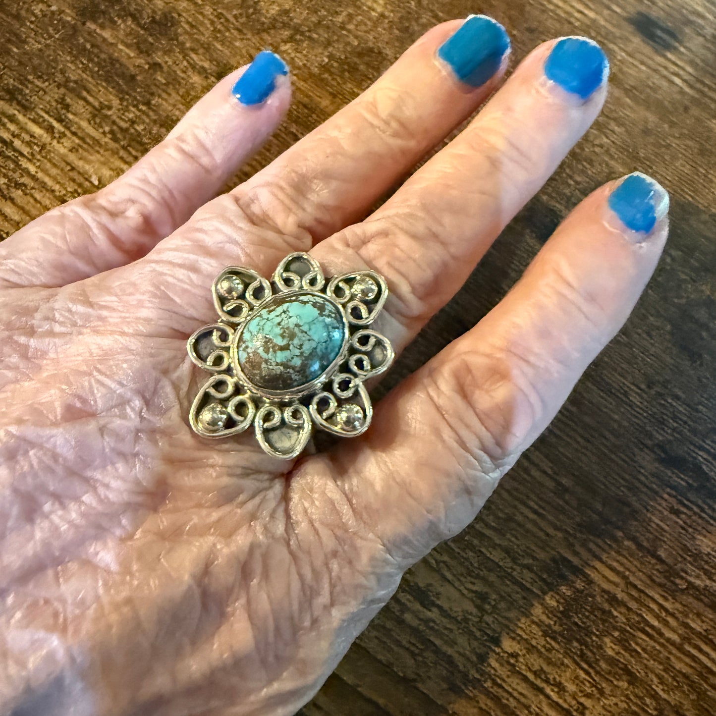 Mine Number 8 Gemstone Floral Ring Size 8.5 in Sterling Silver Wild West Boho