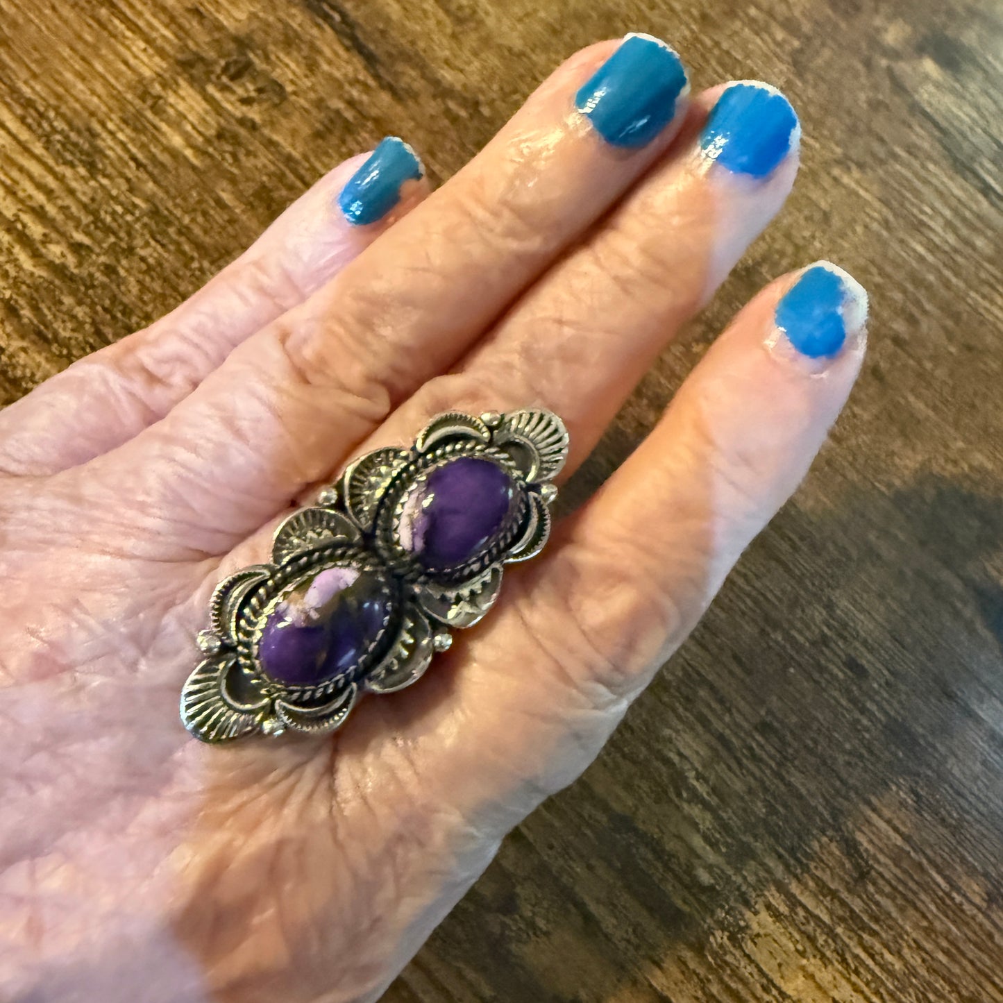Purple Spiny Gemstone Double Stone Adjustable Ring Sterling Silver Wild West Boho