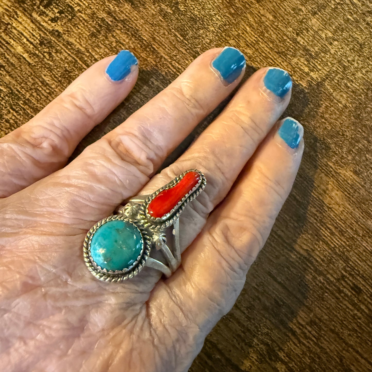 Kingman Turquoise And Mediterranean Coral Sterling Silver Ring Size 7 Wild West Boho