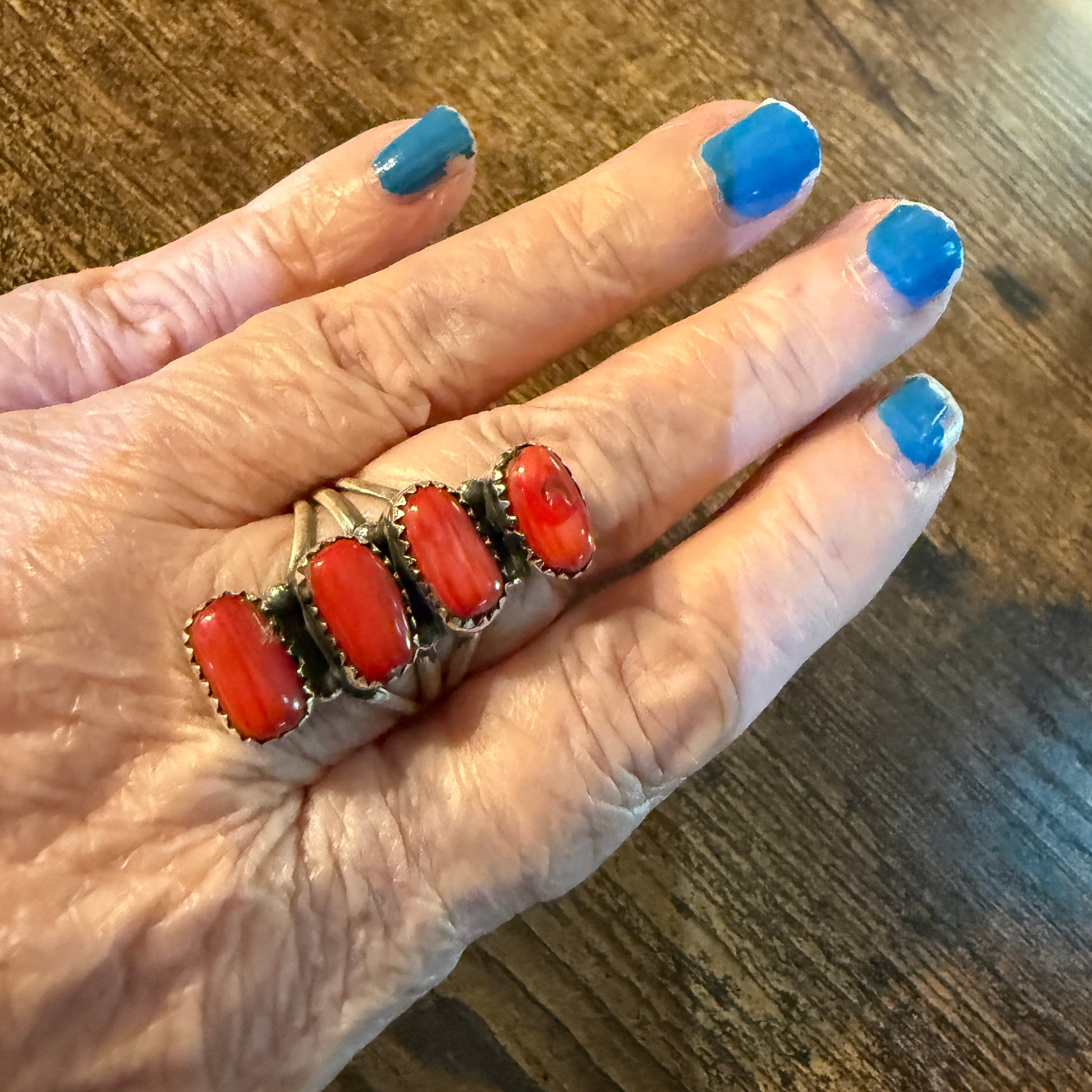 Mediterranean Coral Gemstone Ring Size 8 in Sterling Silver Wild West Boho