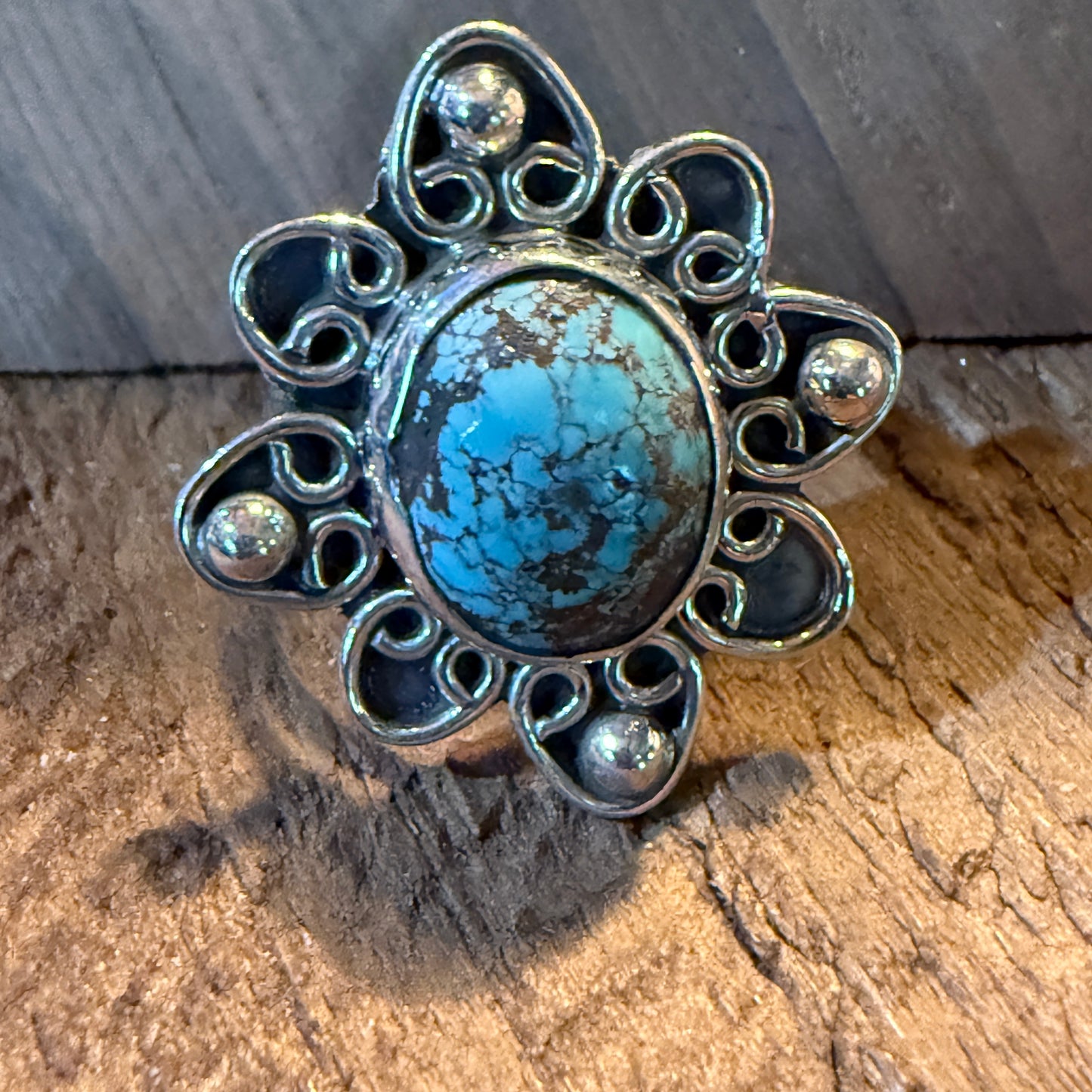 Mine Number 8 Gemstone Floral Ring Size 8.5 in Sterling Silver Wild West Boho