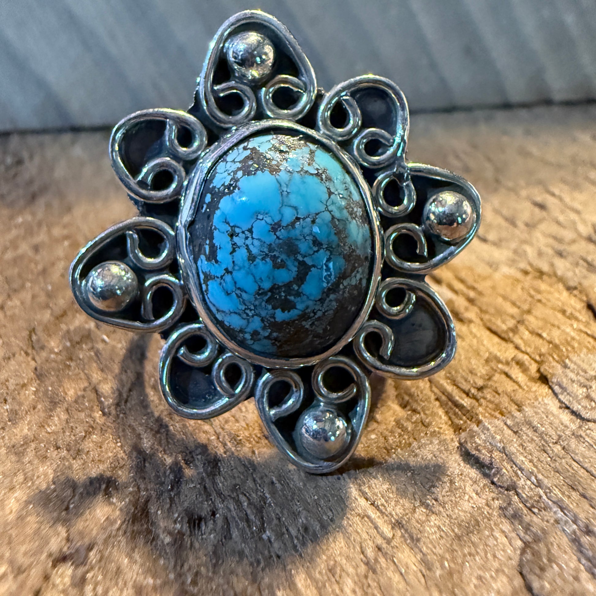 Mine Number 8 Gemstone Floral Ring Size 8.5 in Sterling Silver Wild West Boho
