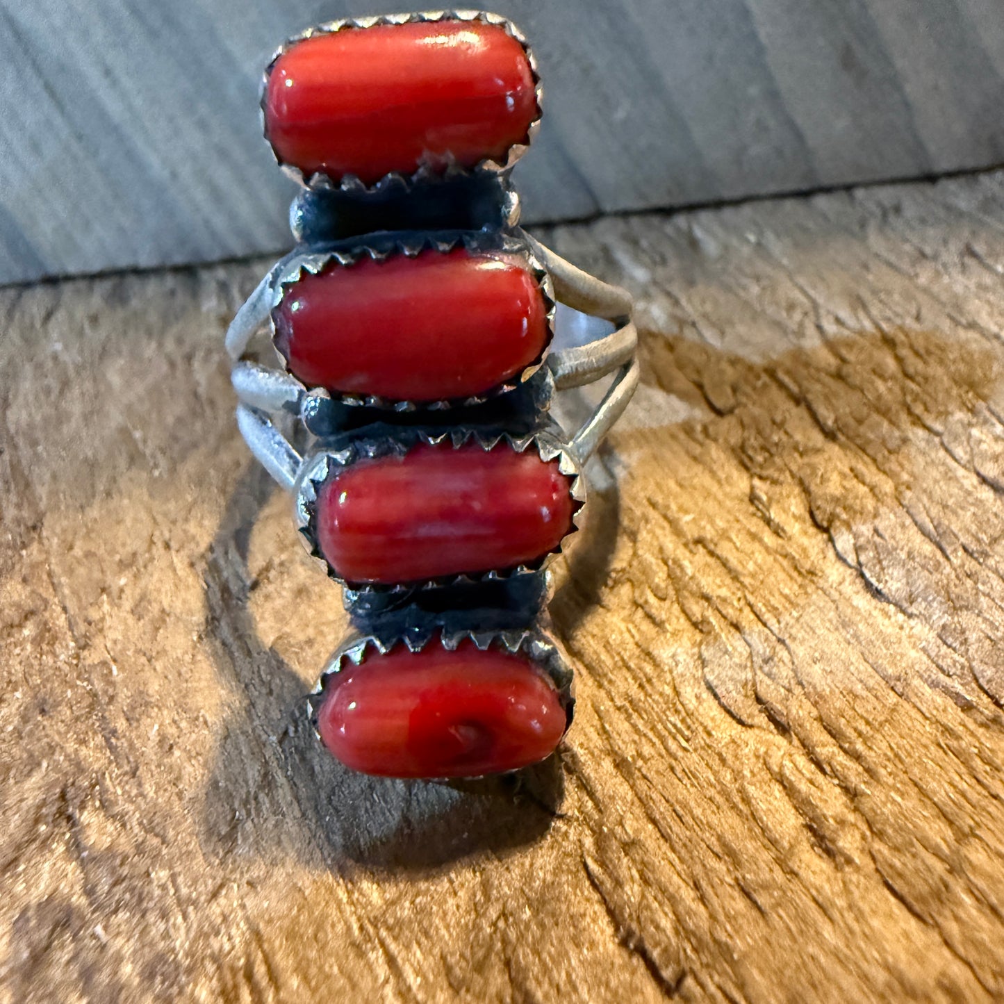 Mediterranean Coral Gemstone Ring Size 8 in Sterling Silver Wild West Boho