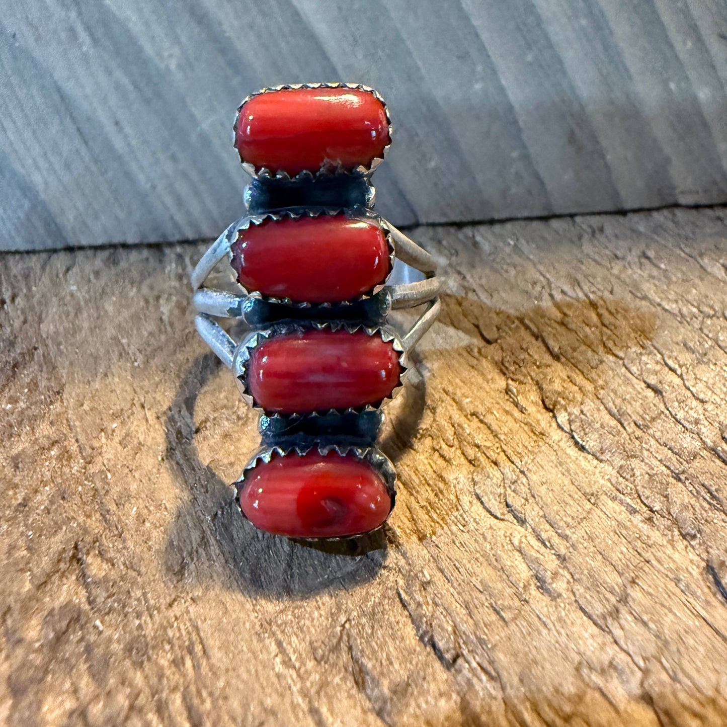 Mediterranean Coral Gemstone Ring Size 8 in Sterling Silver Wild West Boho