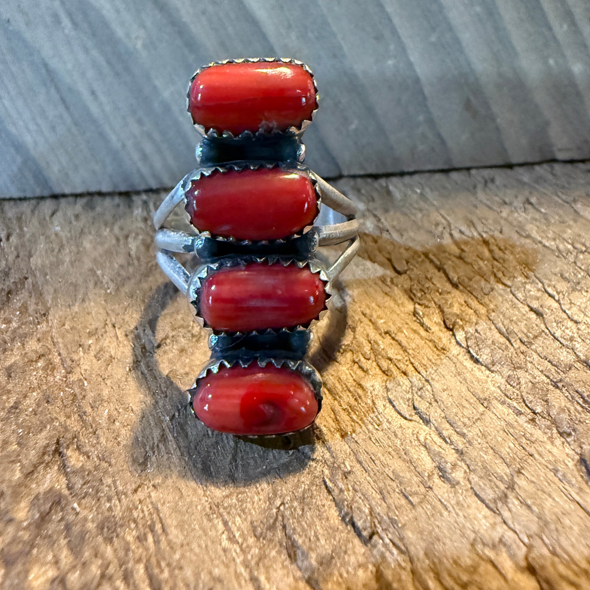 Mediterranean Coral Gemstone Ring Size 8 in Sterling Silver Wild West Boho