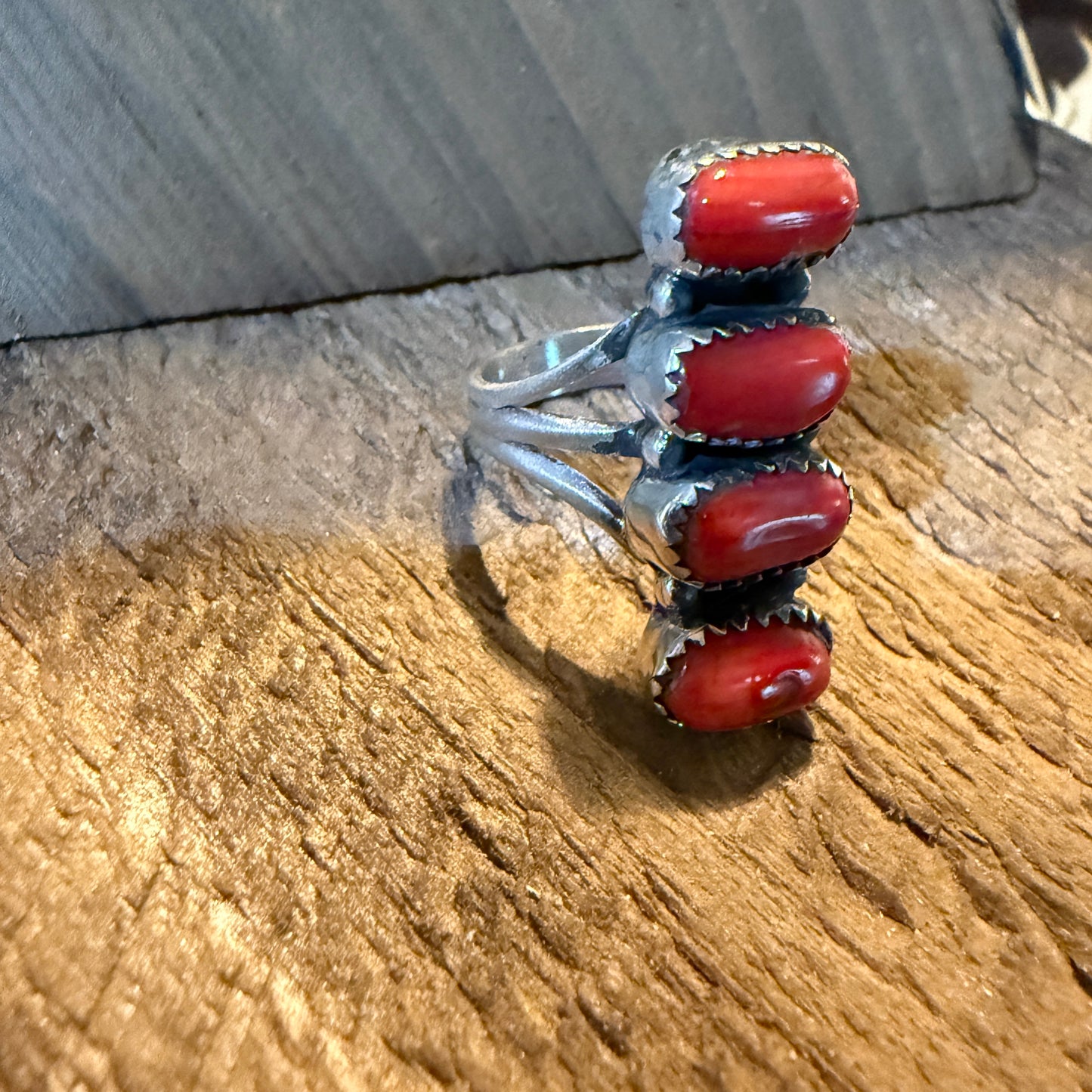 Mediterranean Coral Gemstone Ring Size 8 in Sterling Silver Wild West Boho