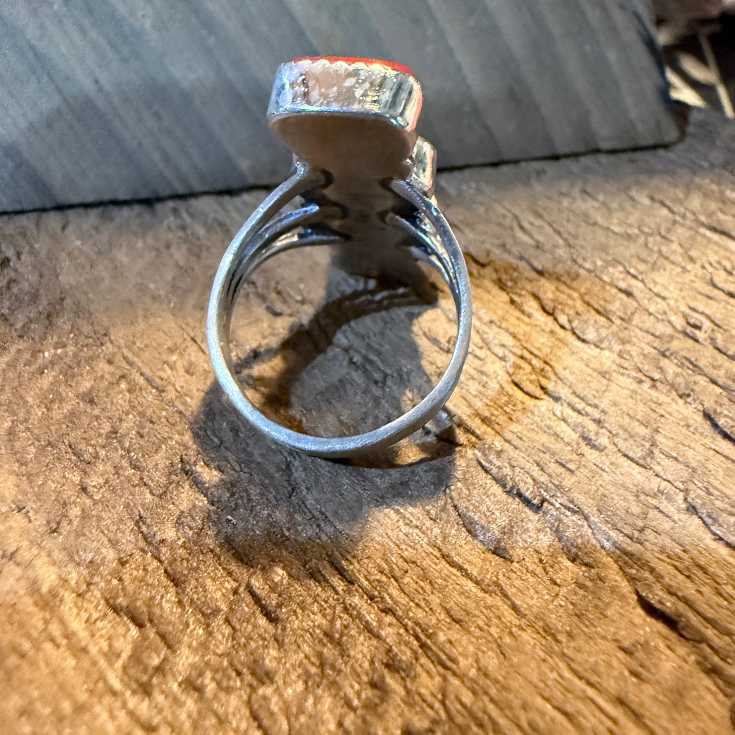 Mediterranean Coral Gemstone Ring Size 8 in Sterling Silver Wild West Boho