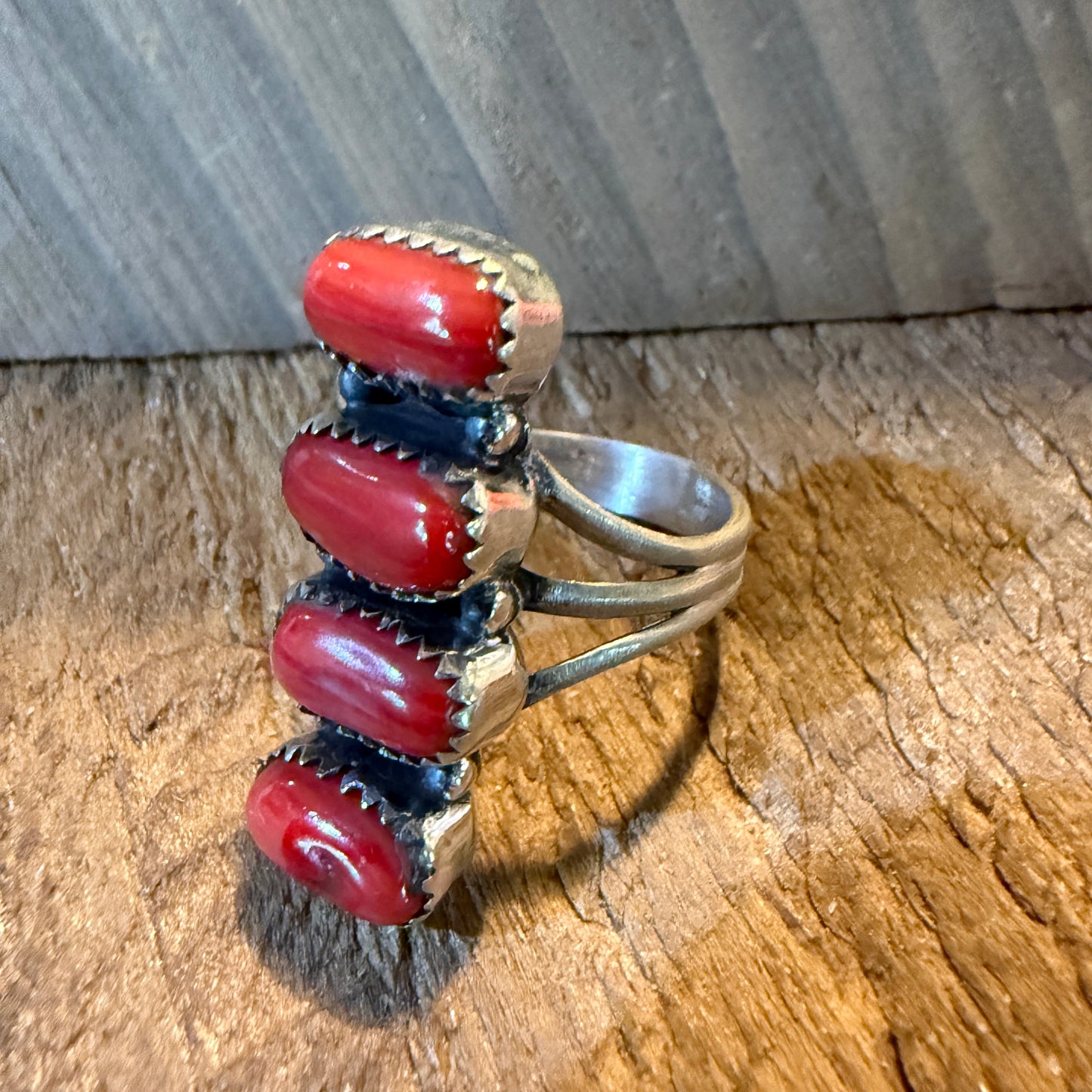 Mediterranean Coral Gemstone Ring Size 8 in Sterling Silver Wild West Boho