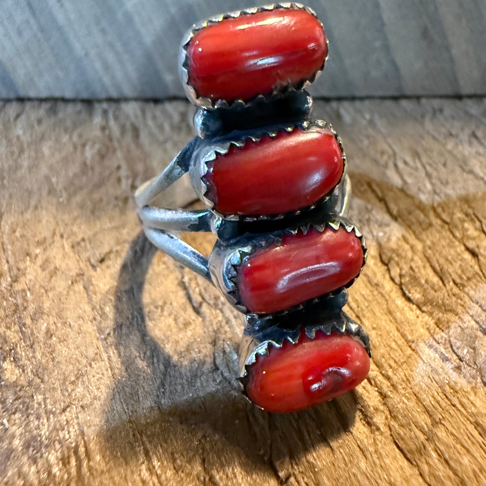 Mediterranean Coral Gemstone Ring Size 8 in Sterling Silver Wild West Boho