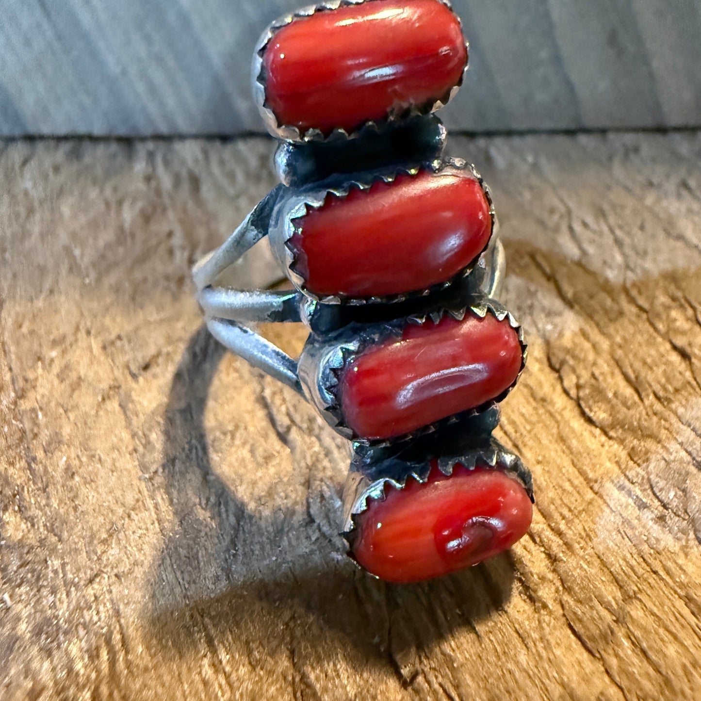 Mediterranean Coral Gemstone Ring Size 8 in Sterling Silver Wild West Boho