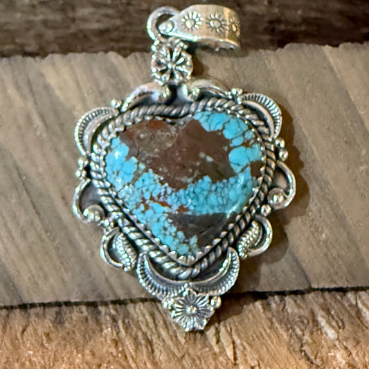 Blue Moon Turquise Gemstone Heart Pendant in Sterling Silver, 2 Inches Wild West Boho