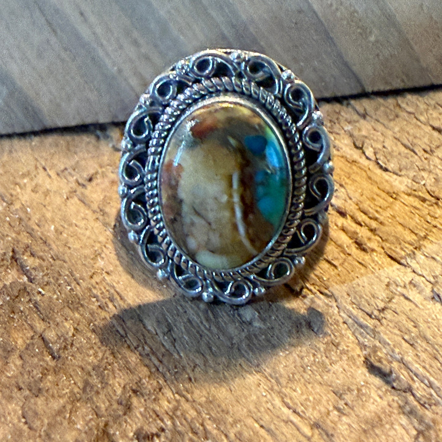 Honey Dahlia and Turquoise Gemstone Ring Adjustable in Sterling Silver Wild West Boho