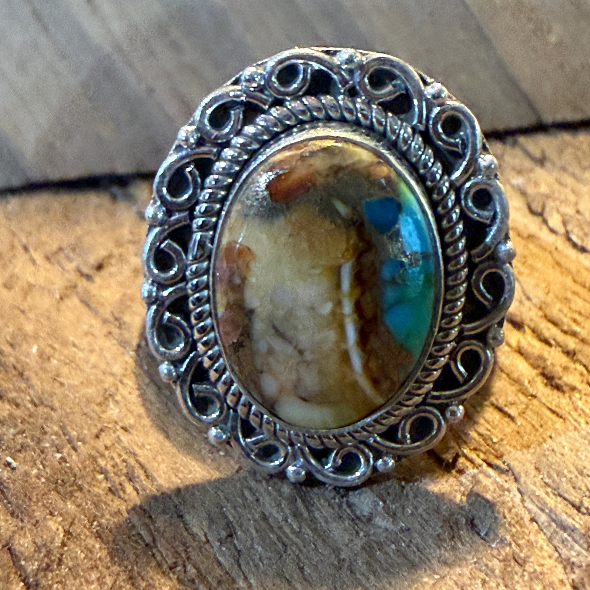 Honey Dahlia and Turquoise Gemstone Ring Adjustable in Sterling Silver Wild West Boho