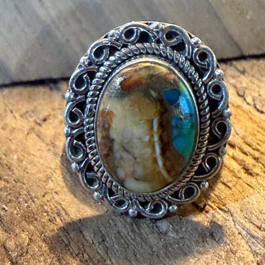 Honey Dahlia and Turquoise Gemstone Ring Adjustable in Sterling Silver Wild West Boho