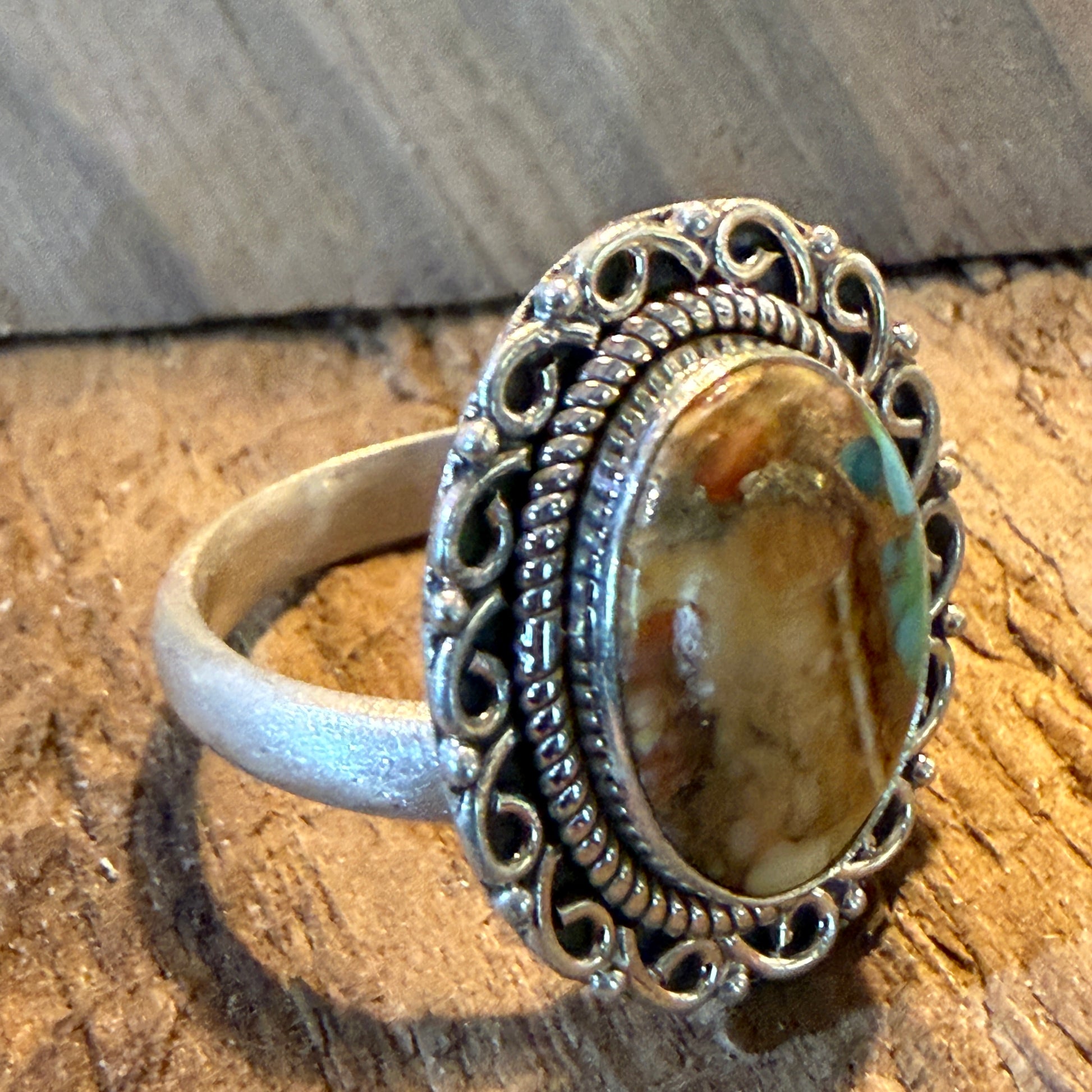 Honey Dahlia and Turquoise Gemstone Ring Adjustable in Sterling Silver Wild West Boho
