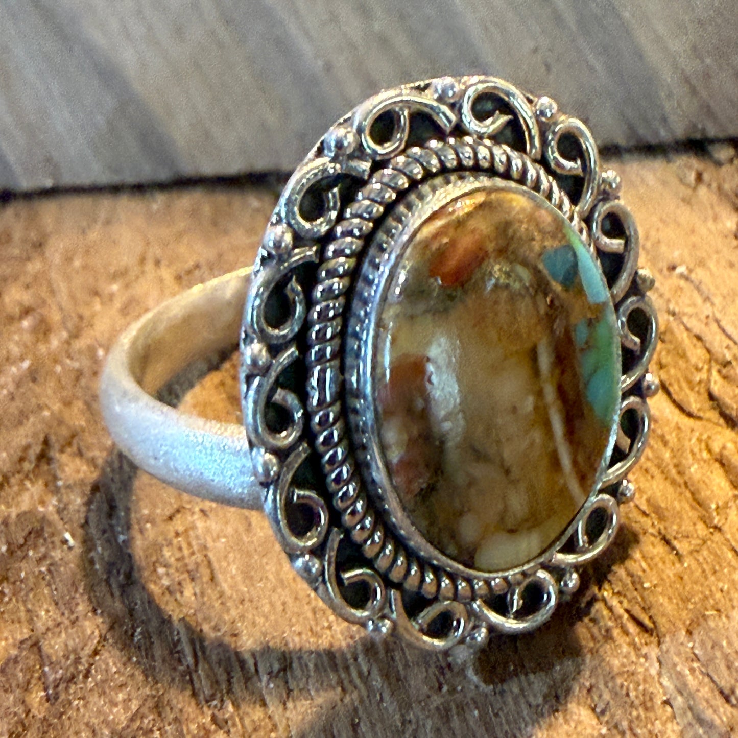 Honey Dahlia and Turquoise Gemstone Ring Adjustable in Sterling Silver Wild West Boho