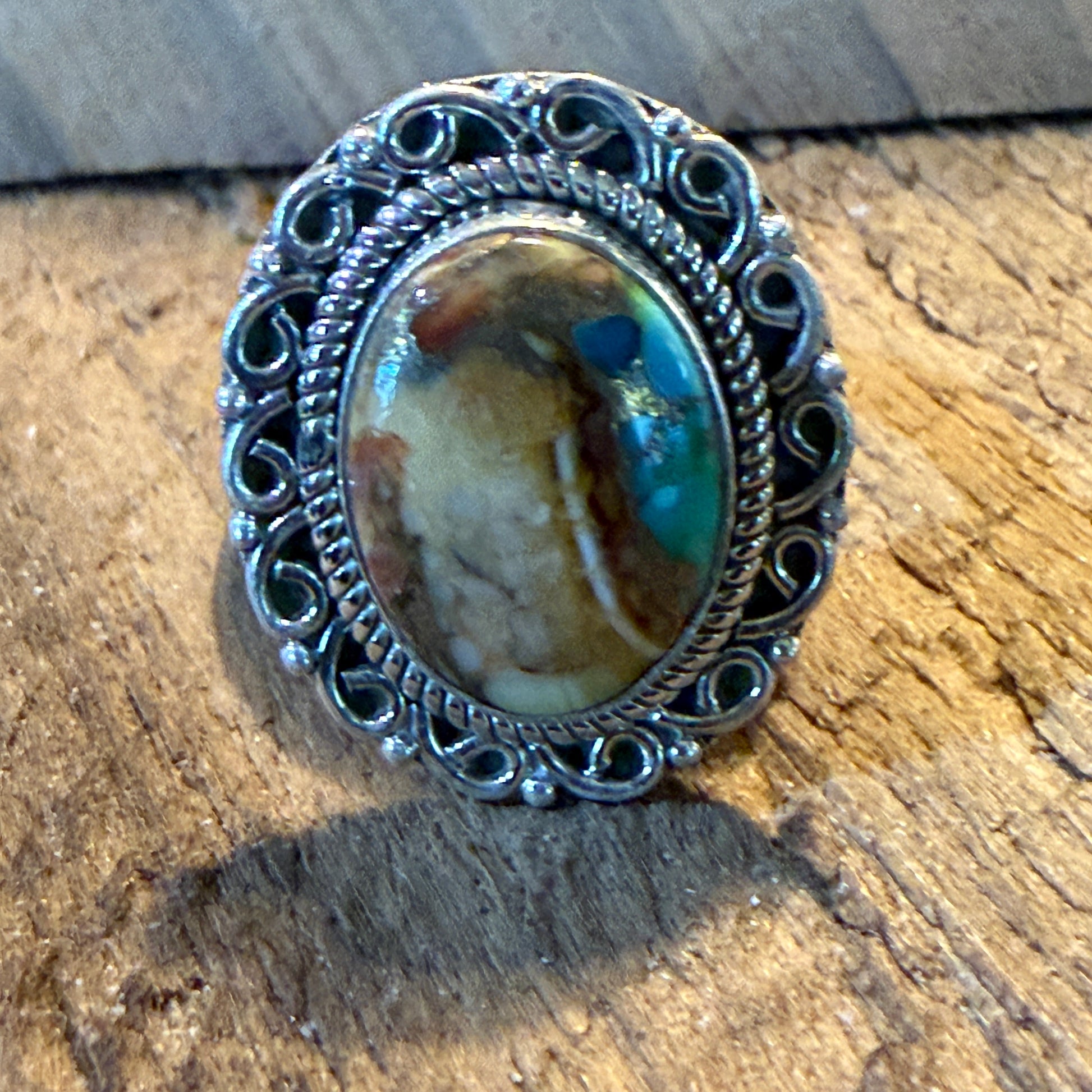Honey Dahlia and Turquoise Gemstone Ring Adjustable in Sterling Silver Wild West Boho