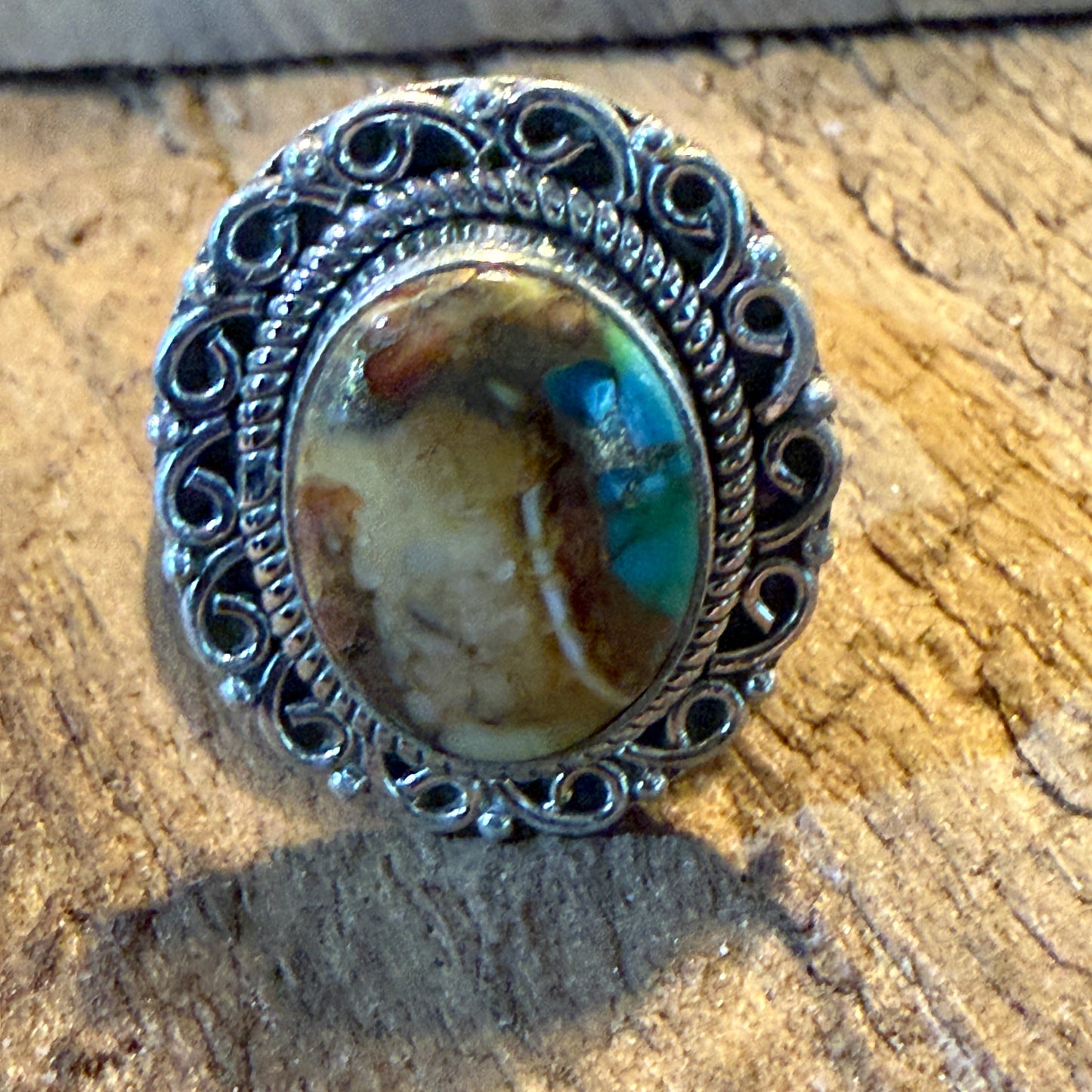 Honey Dahlia and Turquoise Gemstone Ring Adjustable in Sterling Silver Wild West Boho