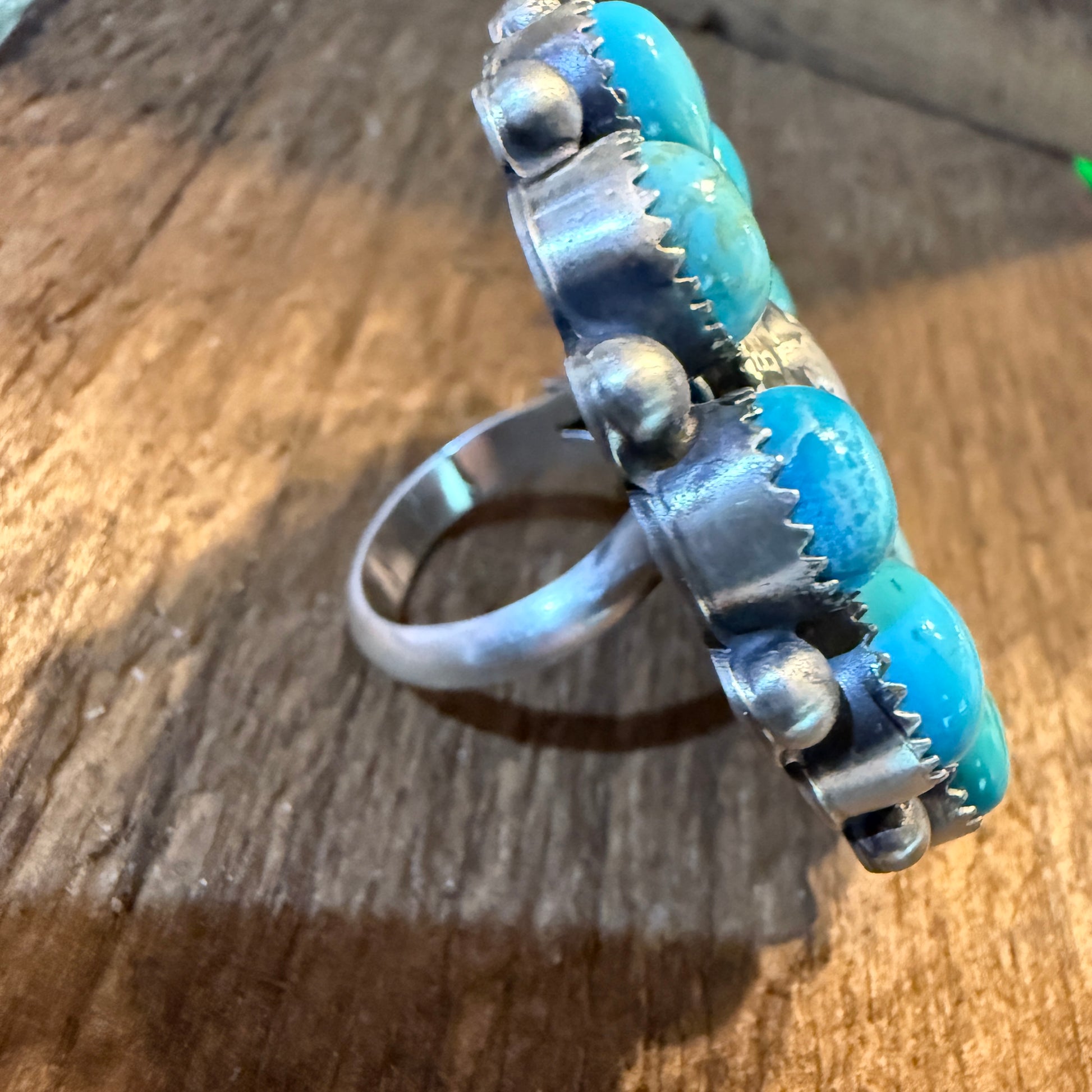 Marlene Jones Signed Navajo Handmade Coin Kingman Cluster Ring in Sterling Silver Wild West Boho
