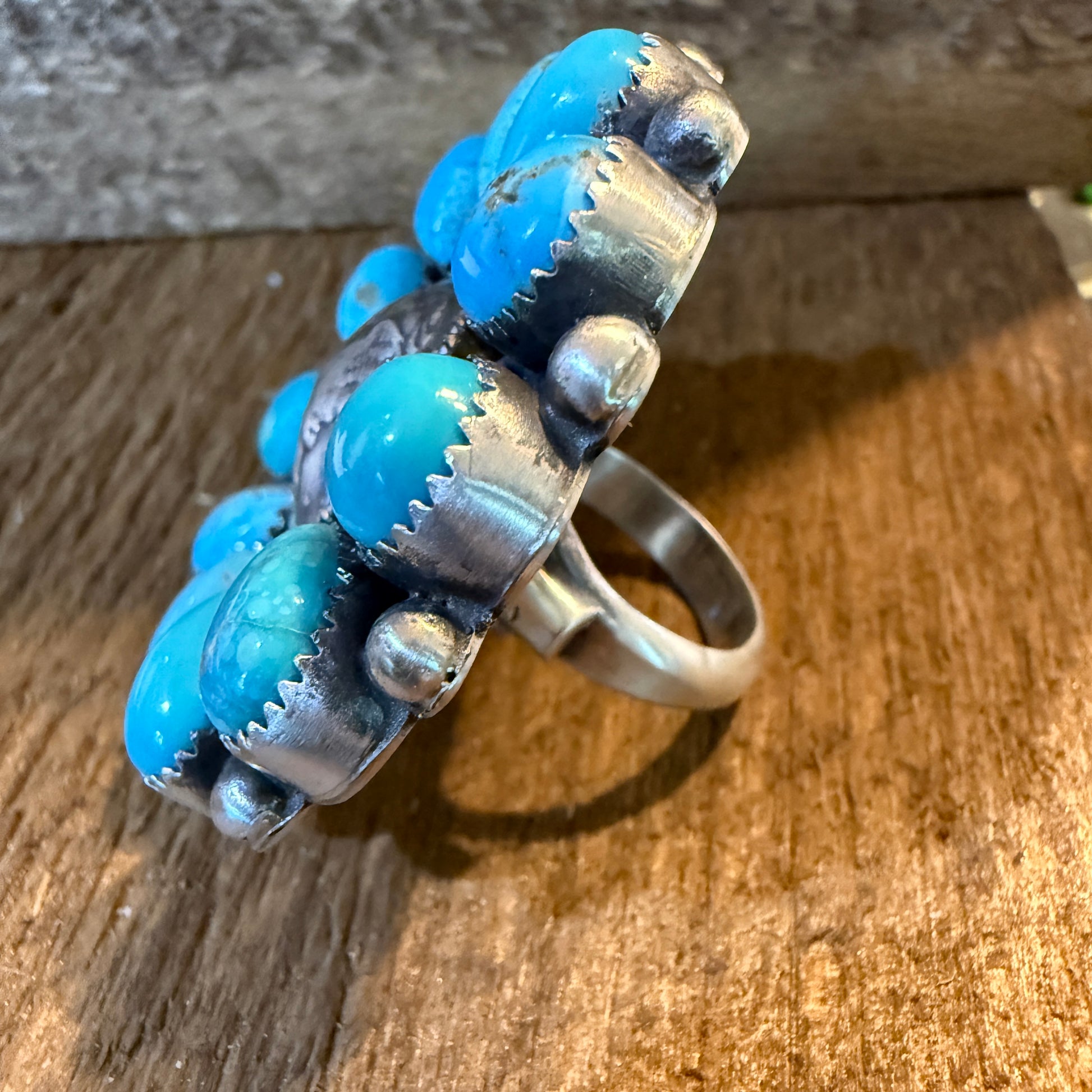 Marlene Jones Signed Navajo Handmade Coin Kingman Cluster Ring in Sterling Silver Wild West Boho