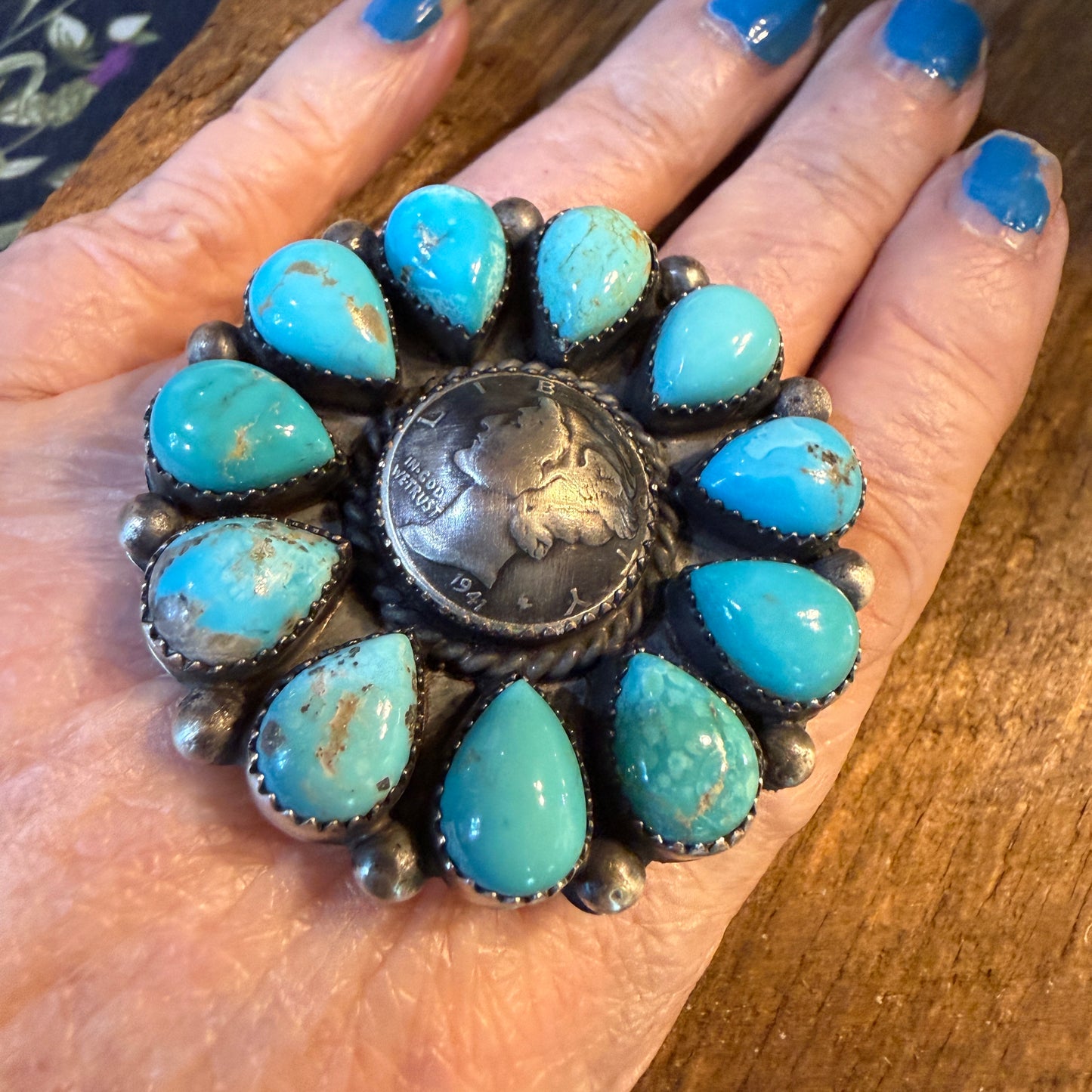 Marlene Jones Signed Navajo Handmade Coin Kingman Cluster Ring in Sterling Silver Wild West Boho