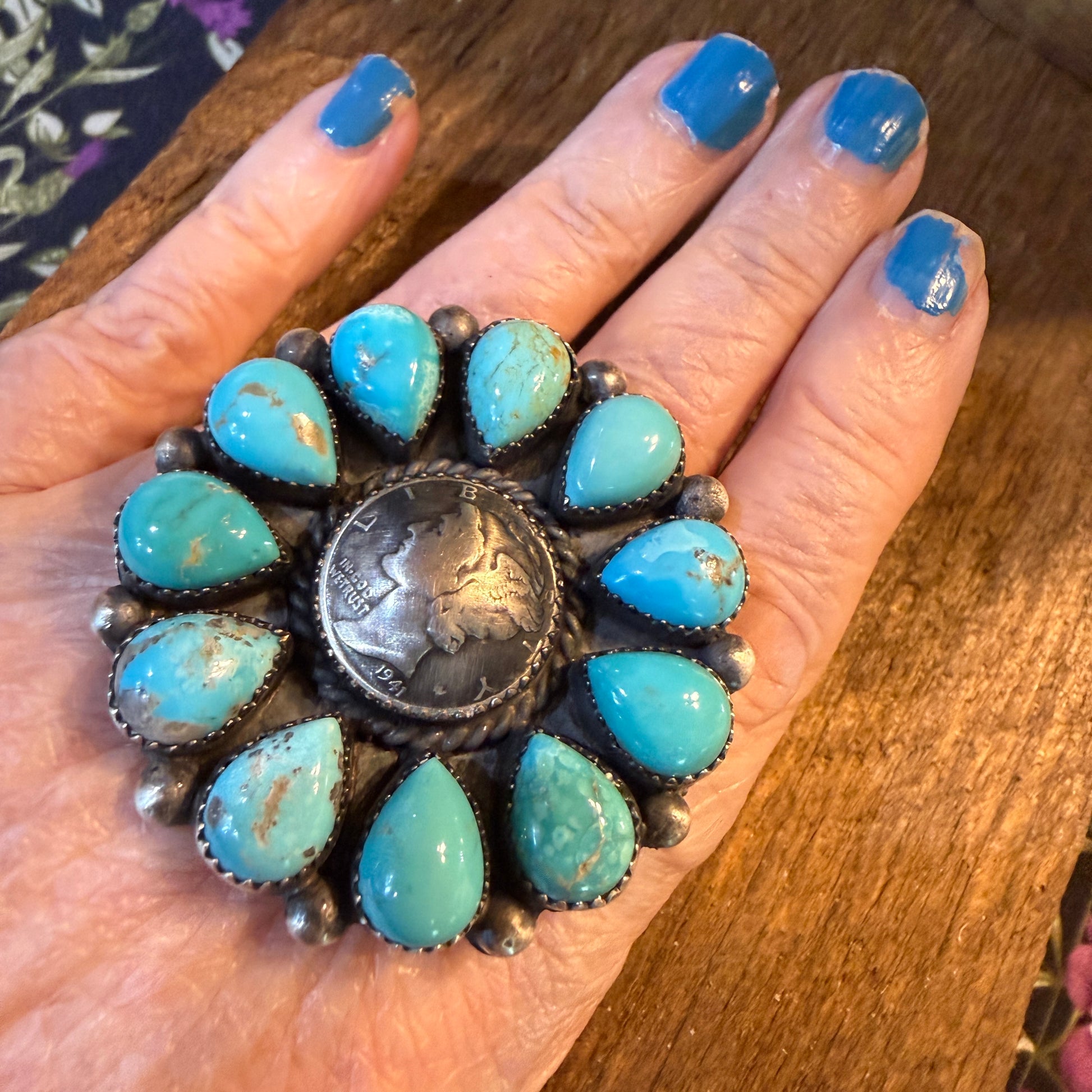Marlene Jones Signed Navajo Handmade Coin Kingman Cluster Ring in Sterling Silver Wild West Boho