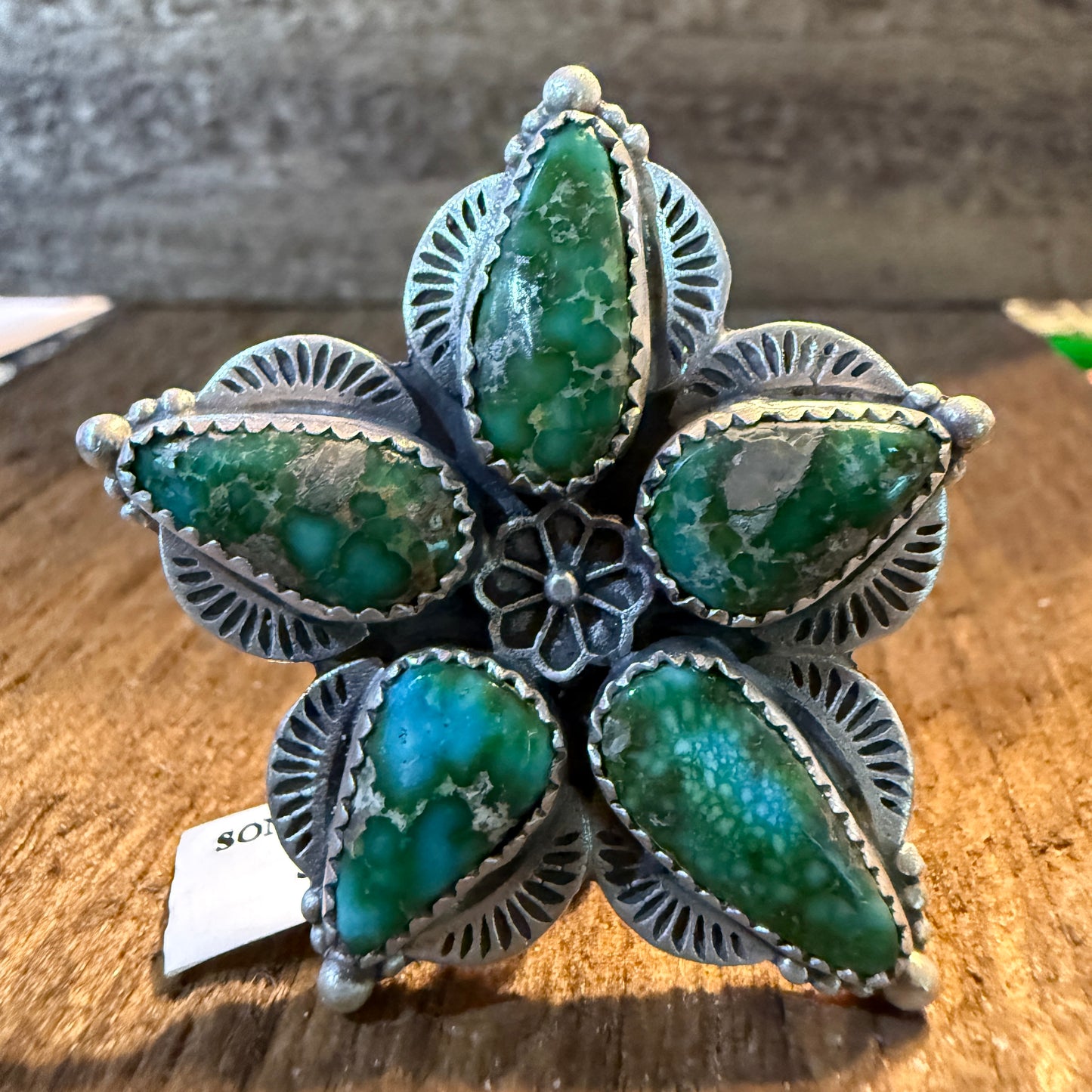 Sonoran Gold Turquoise Gemstone Big Floral Sterling Silver Adjustable Ring Wild West Boho