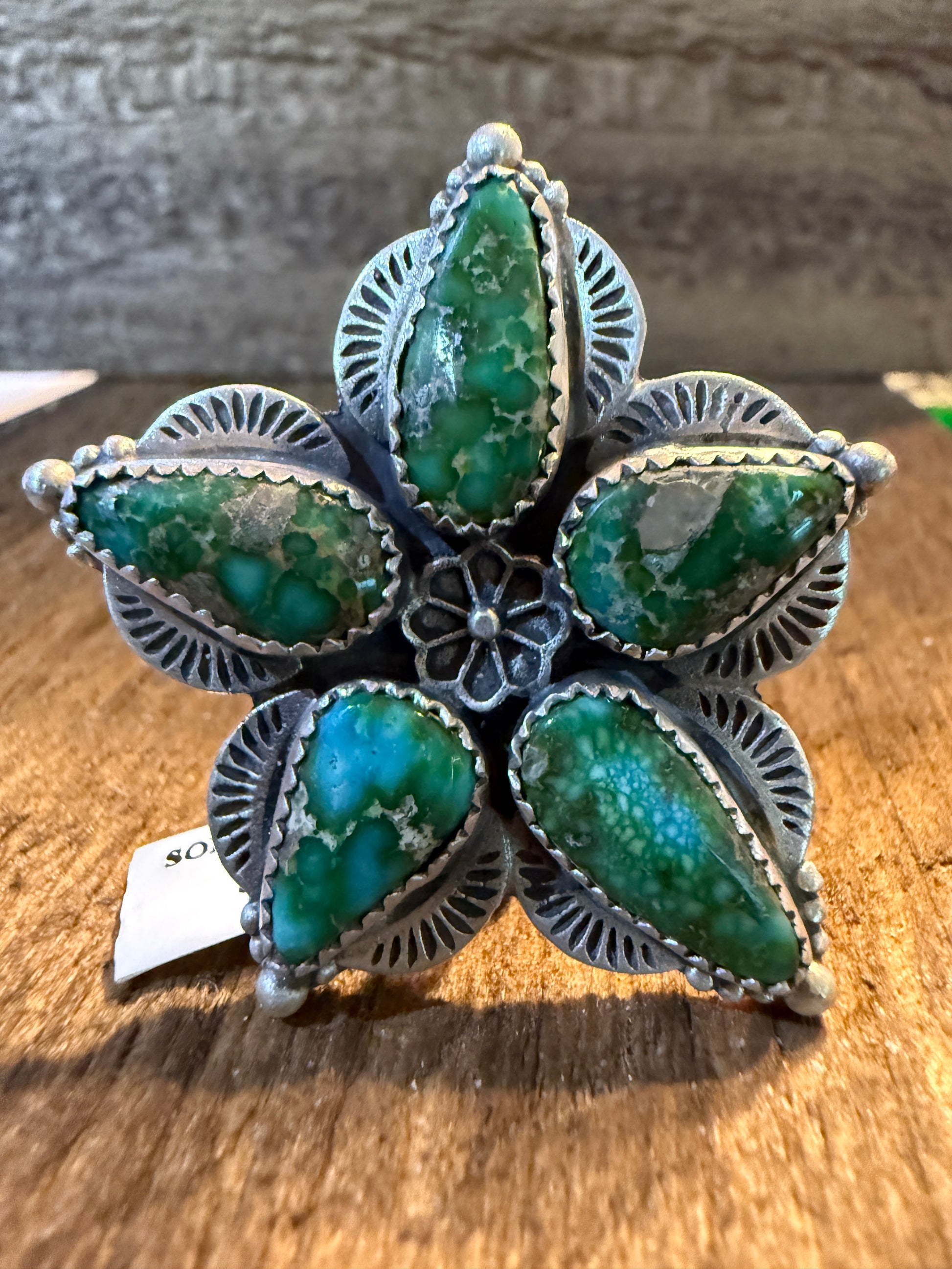 Sonoran Gold Turquoise Gemstone Big Floral Sterling Silver Adjustable Ring Wild West Boho