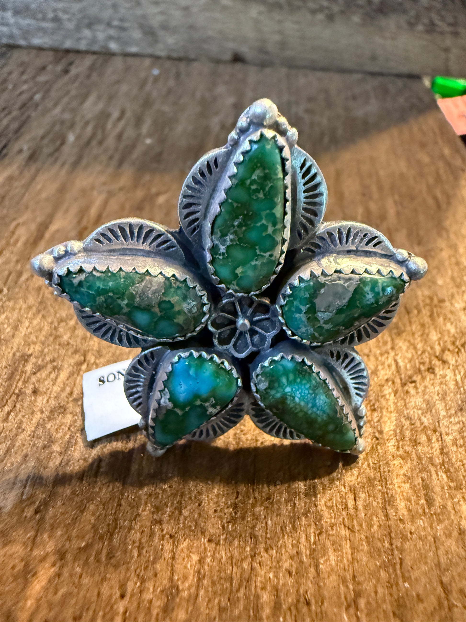 Sonoran Gold Turquoise Gemstone Big Floral Sterling Silver Adjustable Ring Wild West Boho