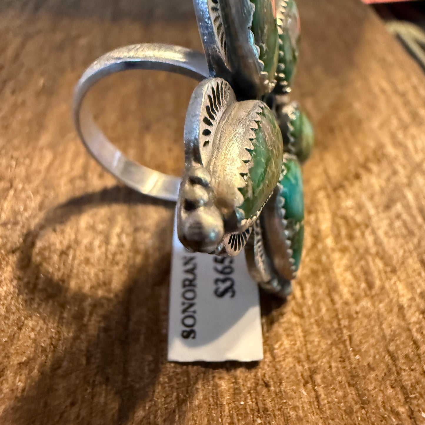 Sonoran Gold Turquoise Gemstone Big Floral Sterling Silver Adjustable Ring Wild West Boho