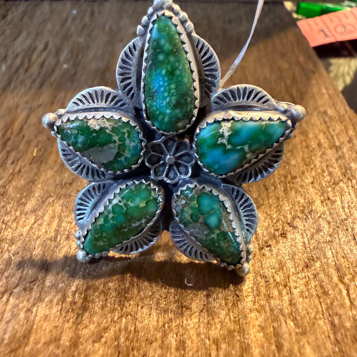 Sonoran Gold Turquoise Gemstone Big Floral Sterling Silver Adjustable Ring Wild West Boho