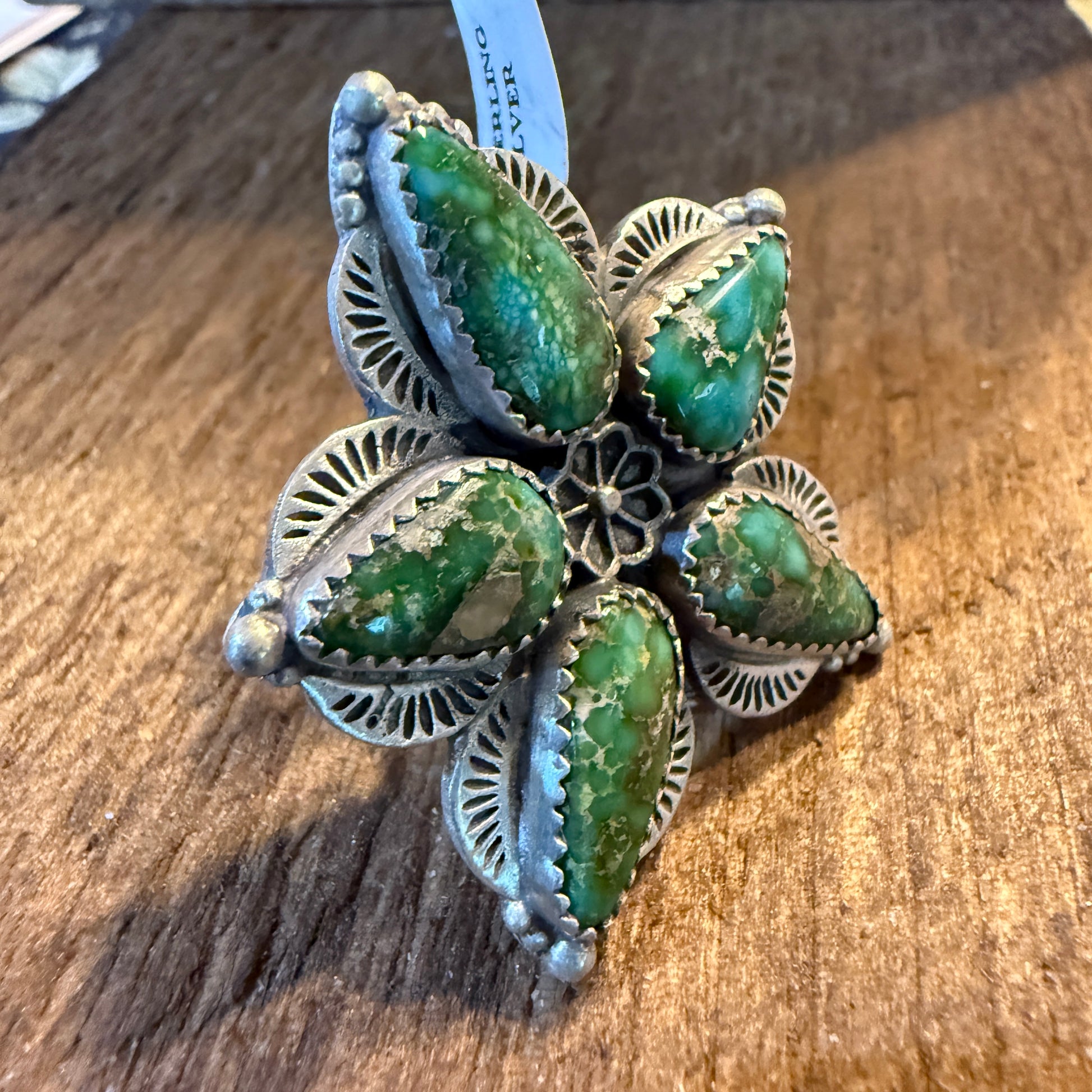 Sonoran Gold Turquoise Gemstone Big Floral Sterling Silver Adjustable Ring Wild West Boho