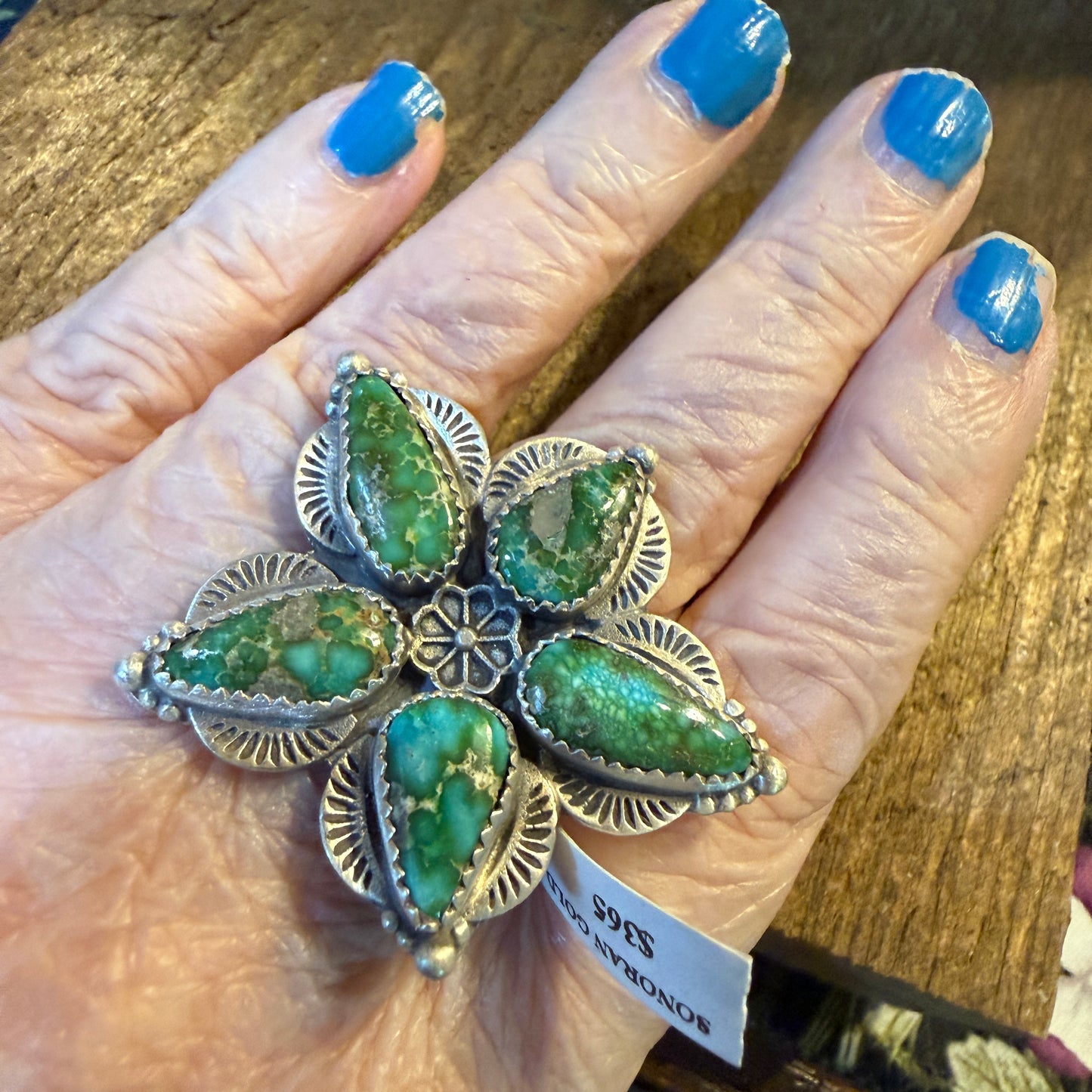 Sonoran Gold Turquoise Gemstone Big Floral Sterling Silver Adjustable Ring Wild West Boho