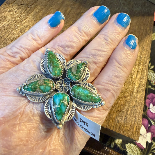 Sonoran Gold Turquoise Gemstone Big Floral Sterling Silver Adjustable Ring Wild West Boho