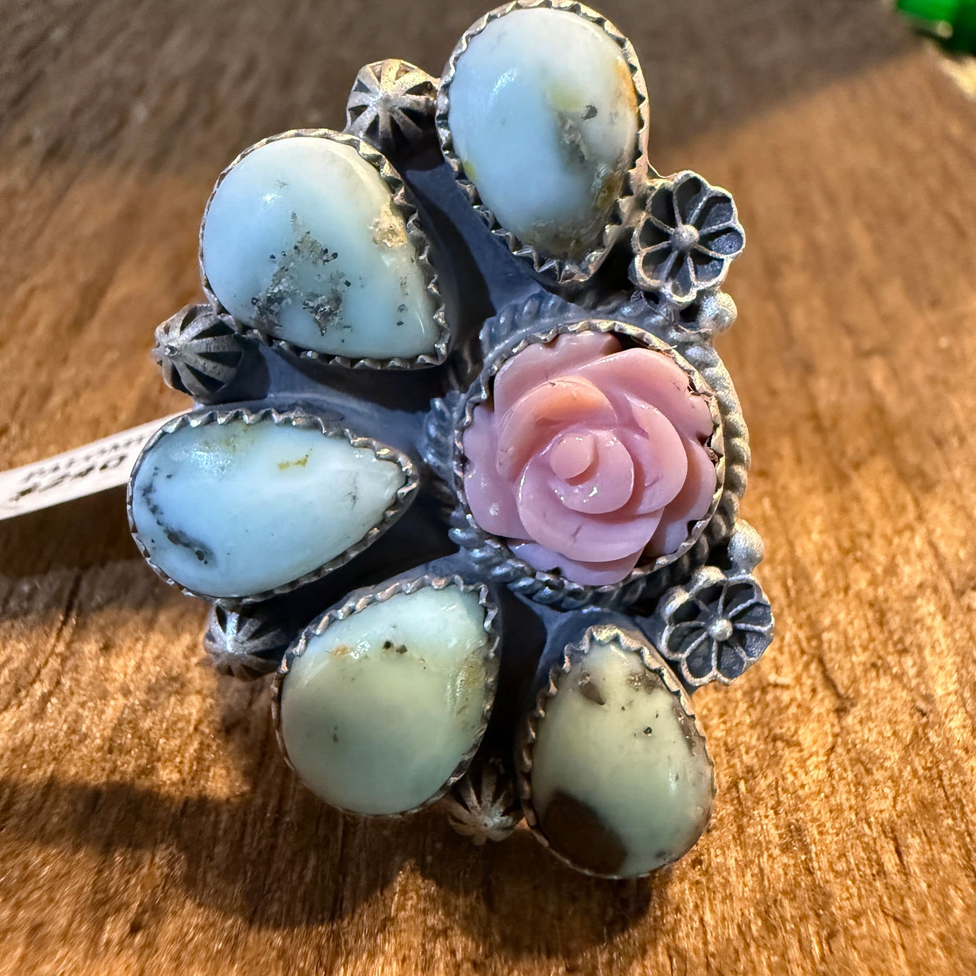 Pink Conch And Palomino Half Cluster Adjustable Ring Sterling Silver Wild West Boho