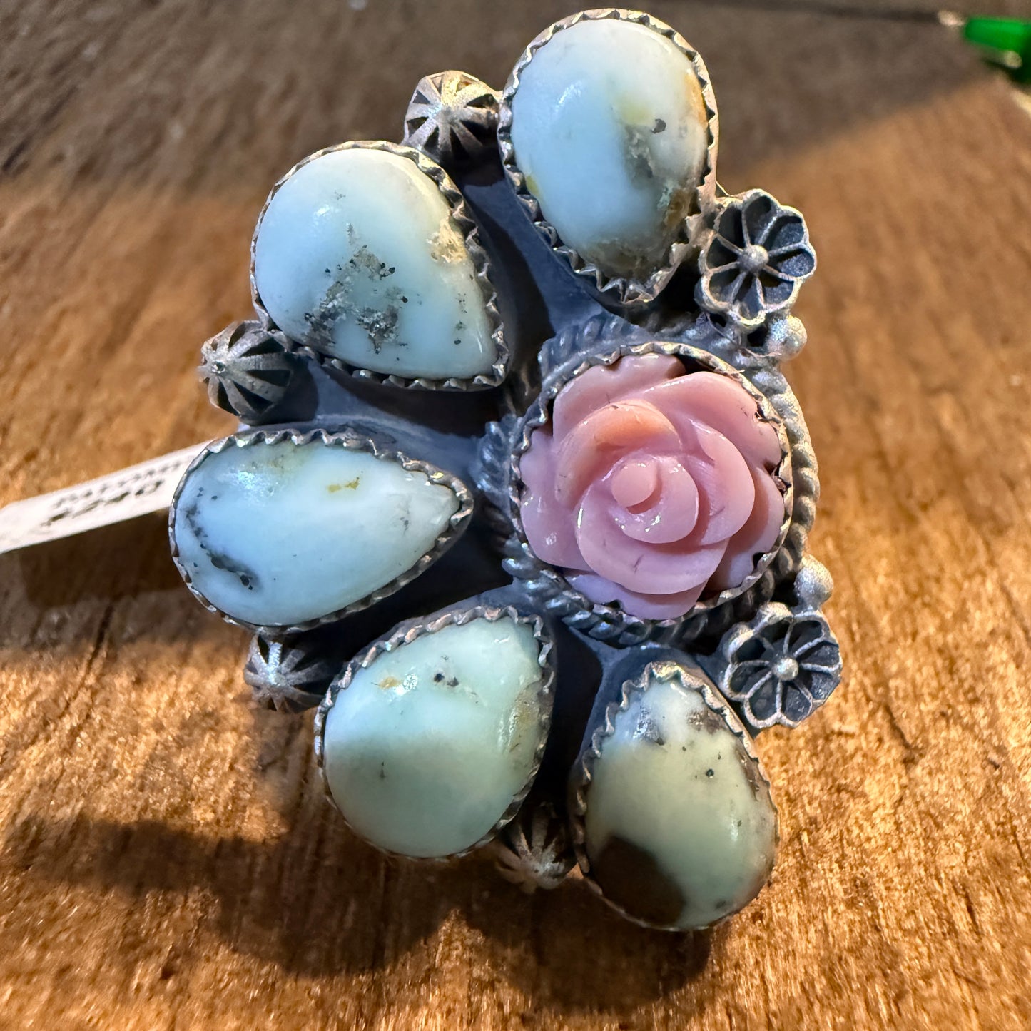 Pink Conch And Palomino Half Cluster Adjustable Ring Sterling Silver Wild West Boho