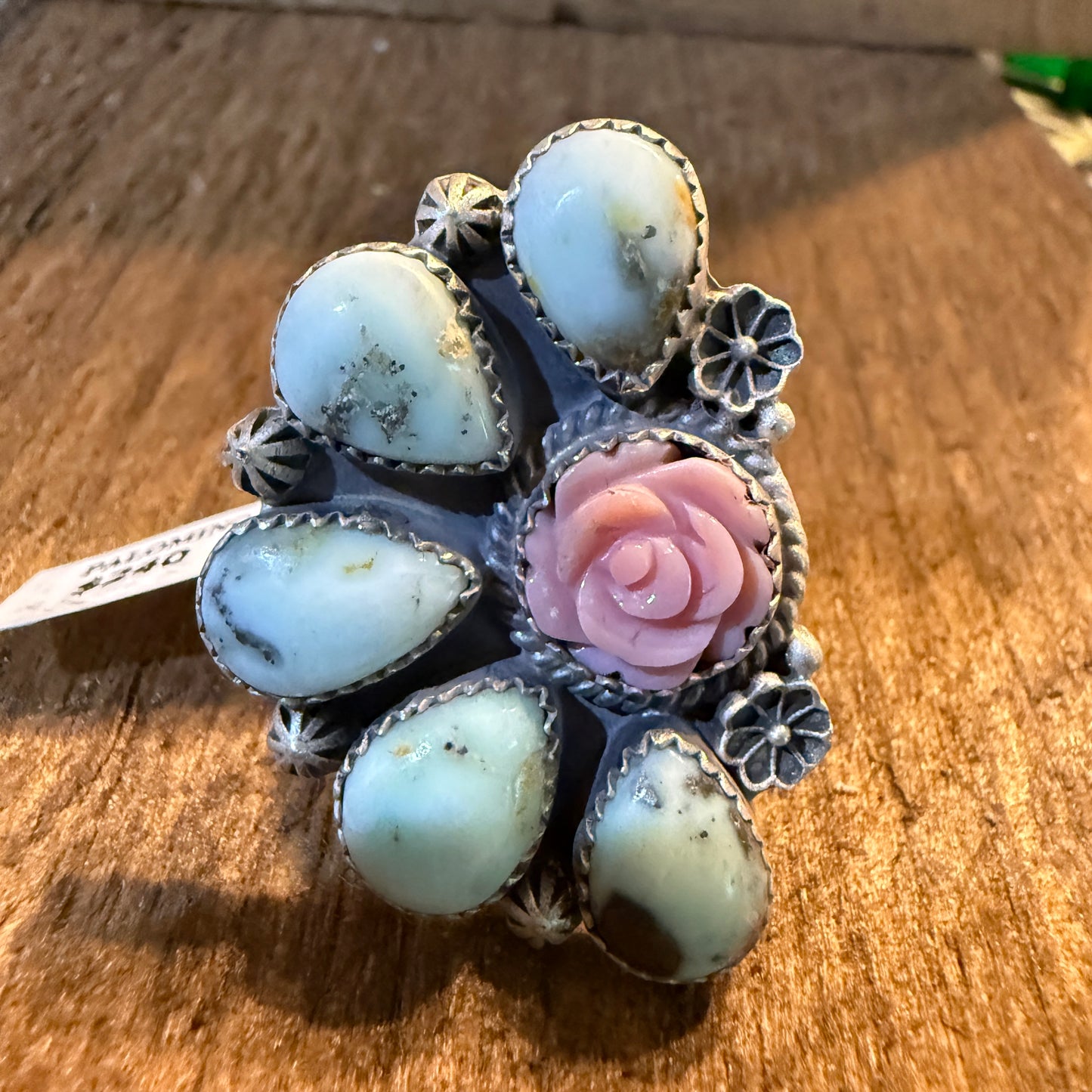Pink Conch And Palomino Half Cluster Adjustable Ring Sterling Silver Wild West Boho
