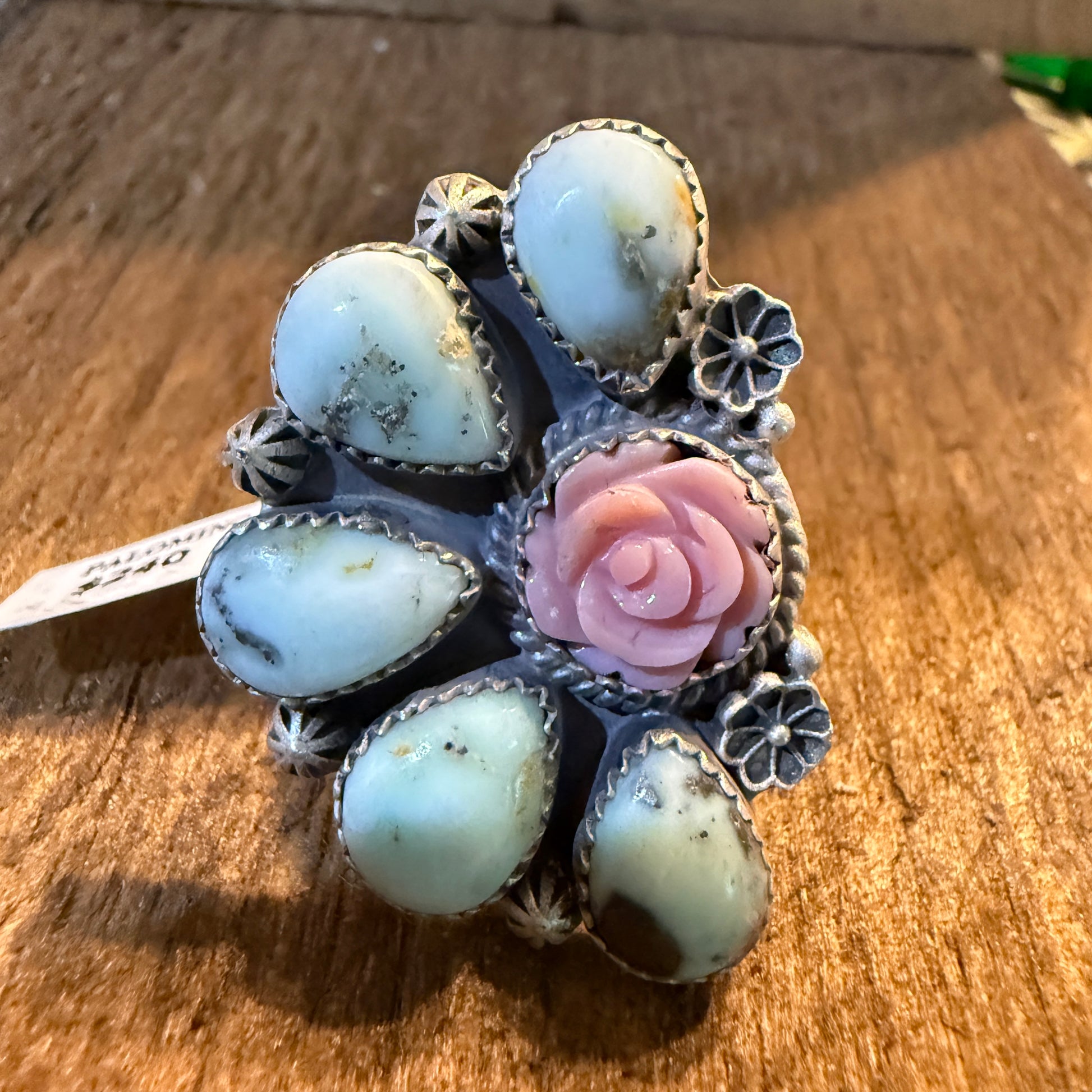 Pink Conch And Palomino Half Cluster Adjustable Ring Sterling Silver Wild West Boho