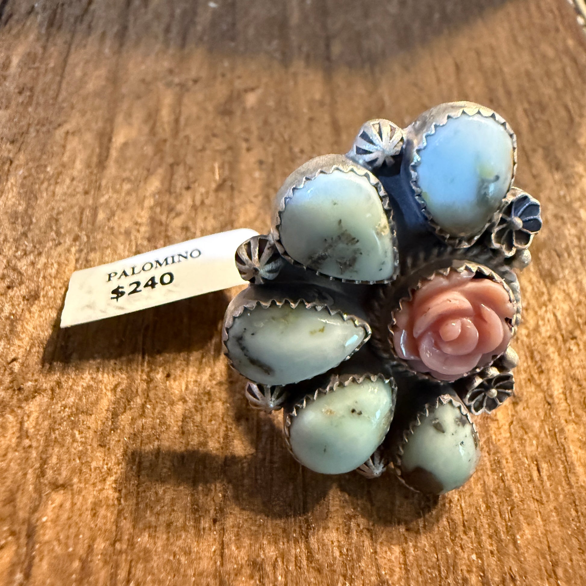 Pink Conch And Palomino Half Cluster Adjustable Ring Sterling Silver Wild West Boho