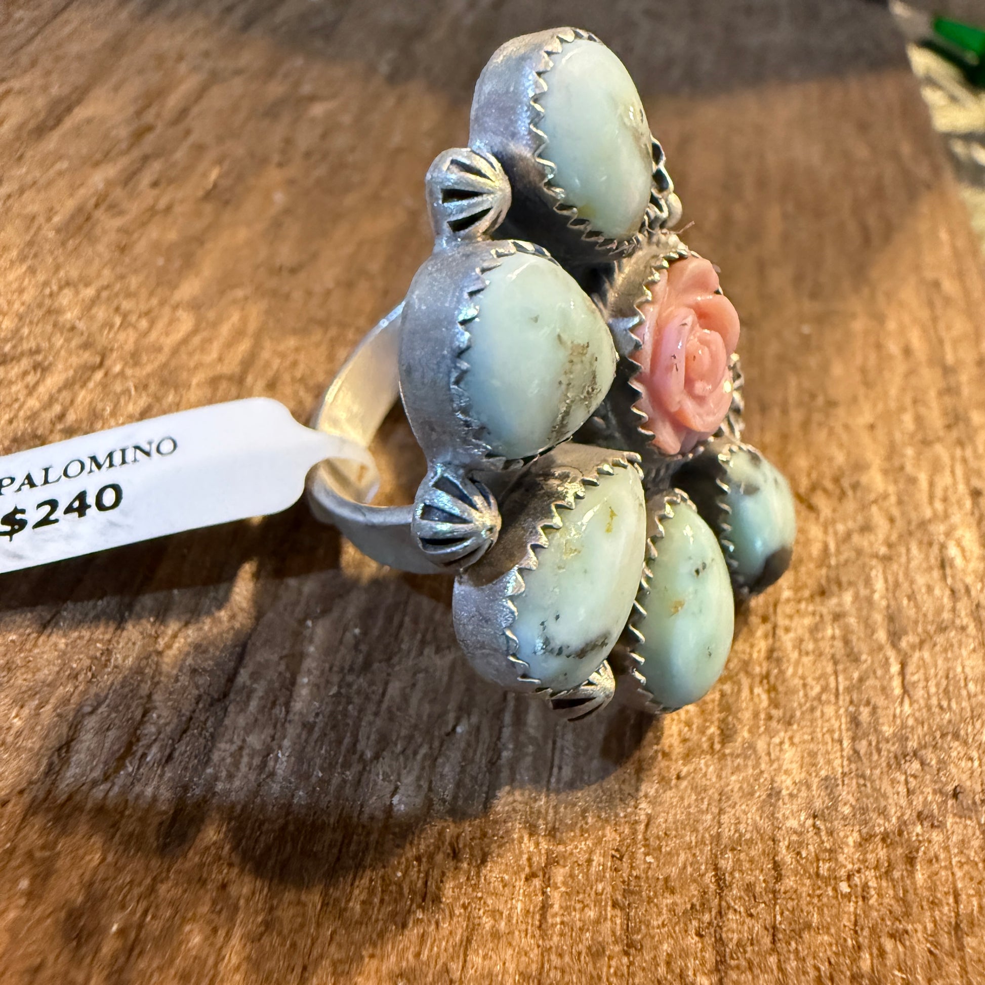 Pink Conch And Palomino Half Cluster Adjustable Ring Sterling Silver Wild West Boho